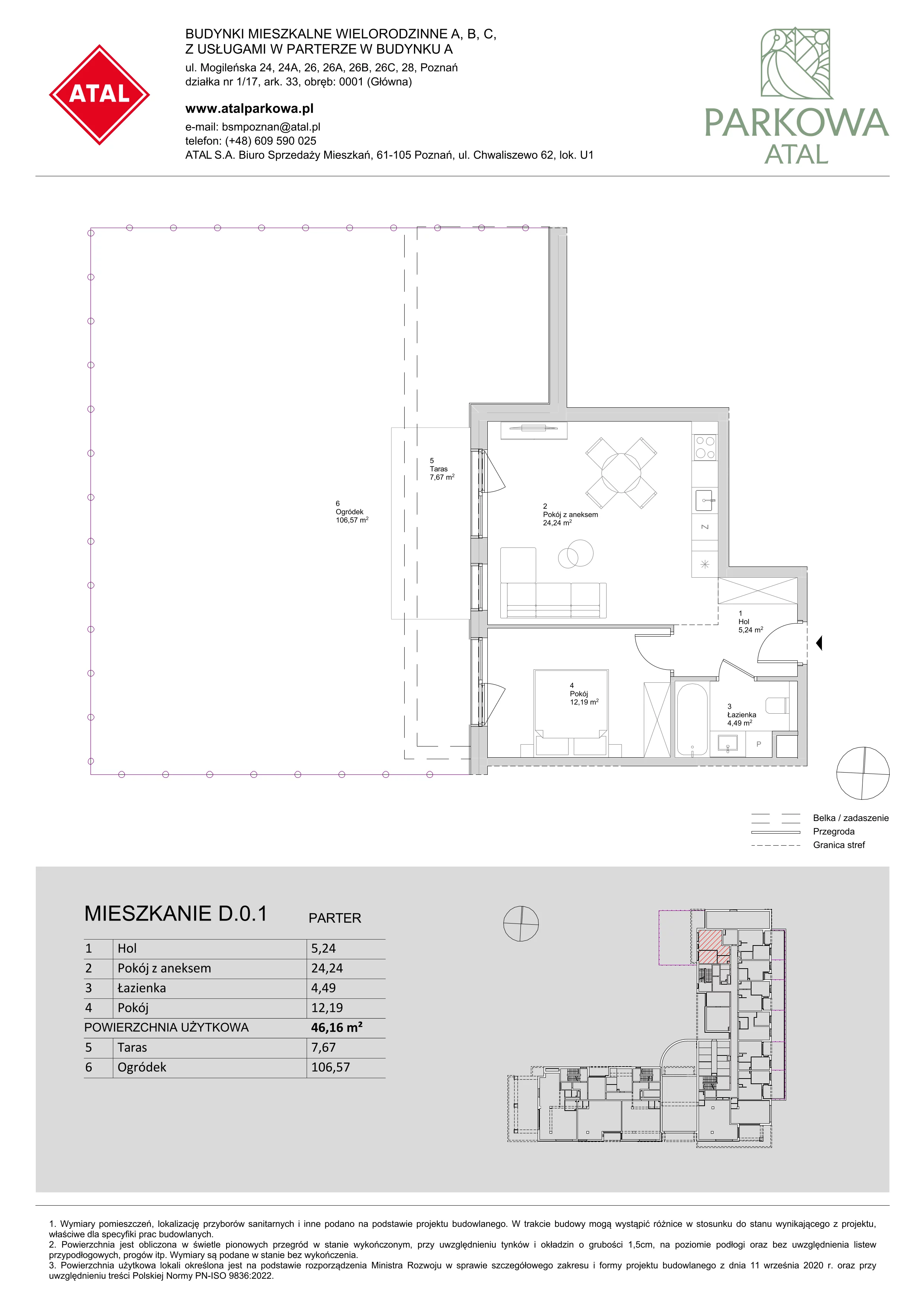 2 pokoje, mieszkanie 46,16 m², parter, oferta nr D.0.1, ATAL Parkowa, Poznań, Nowe Miasto, Osiedle Warszawskie, ul. Mogileńska