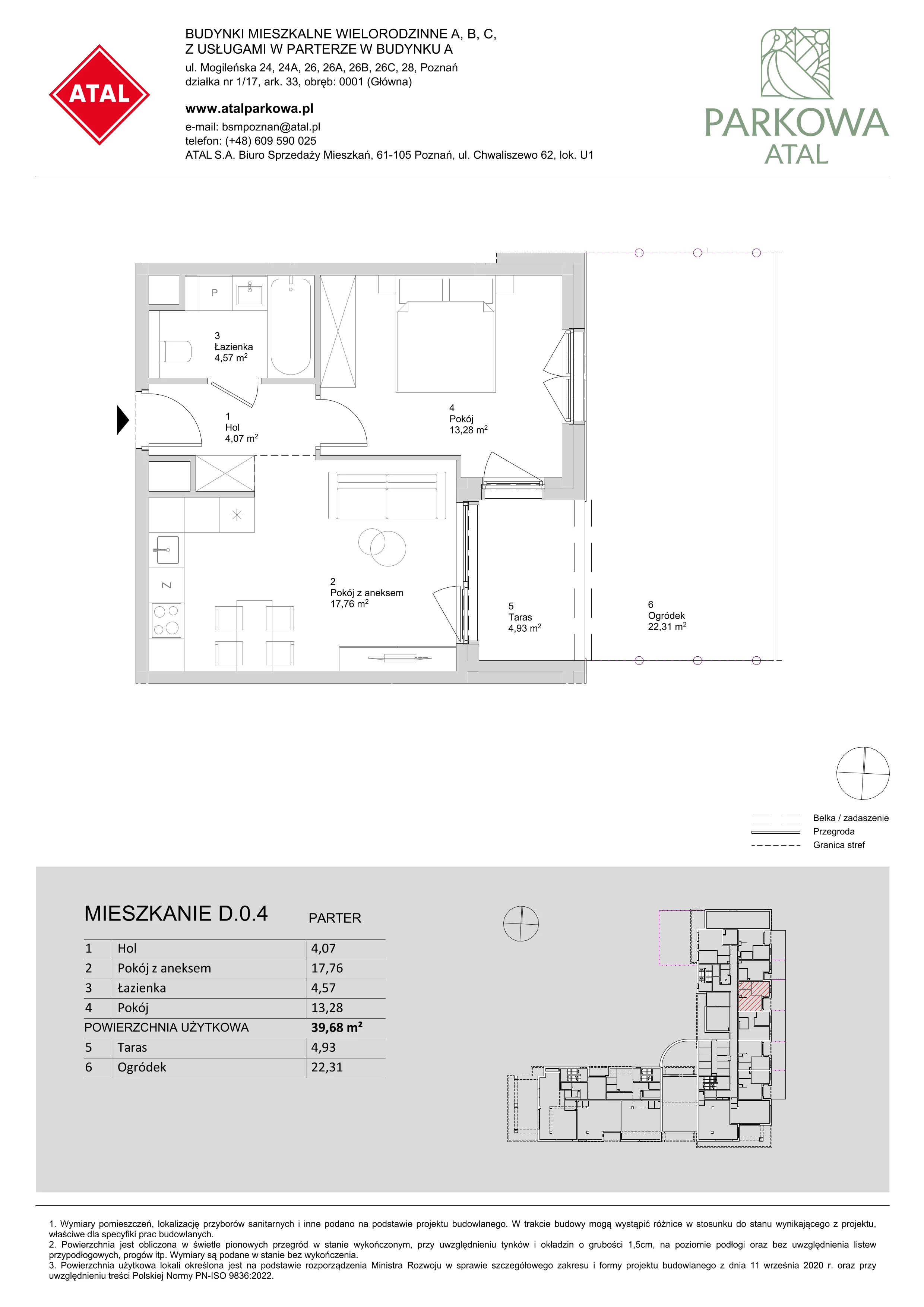 2 pokoje, mieszkanie 39,68 m², parter, oferta nr D.0.4, ATAL Parkowa, Poznań, Nowe Miasto, Osiedle Warszawskie, ul. Mogileńska