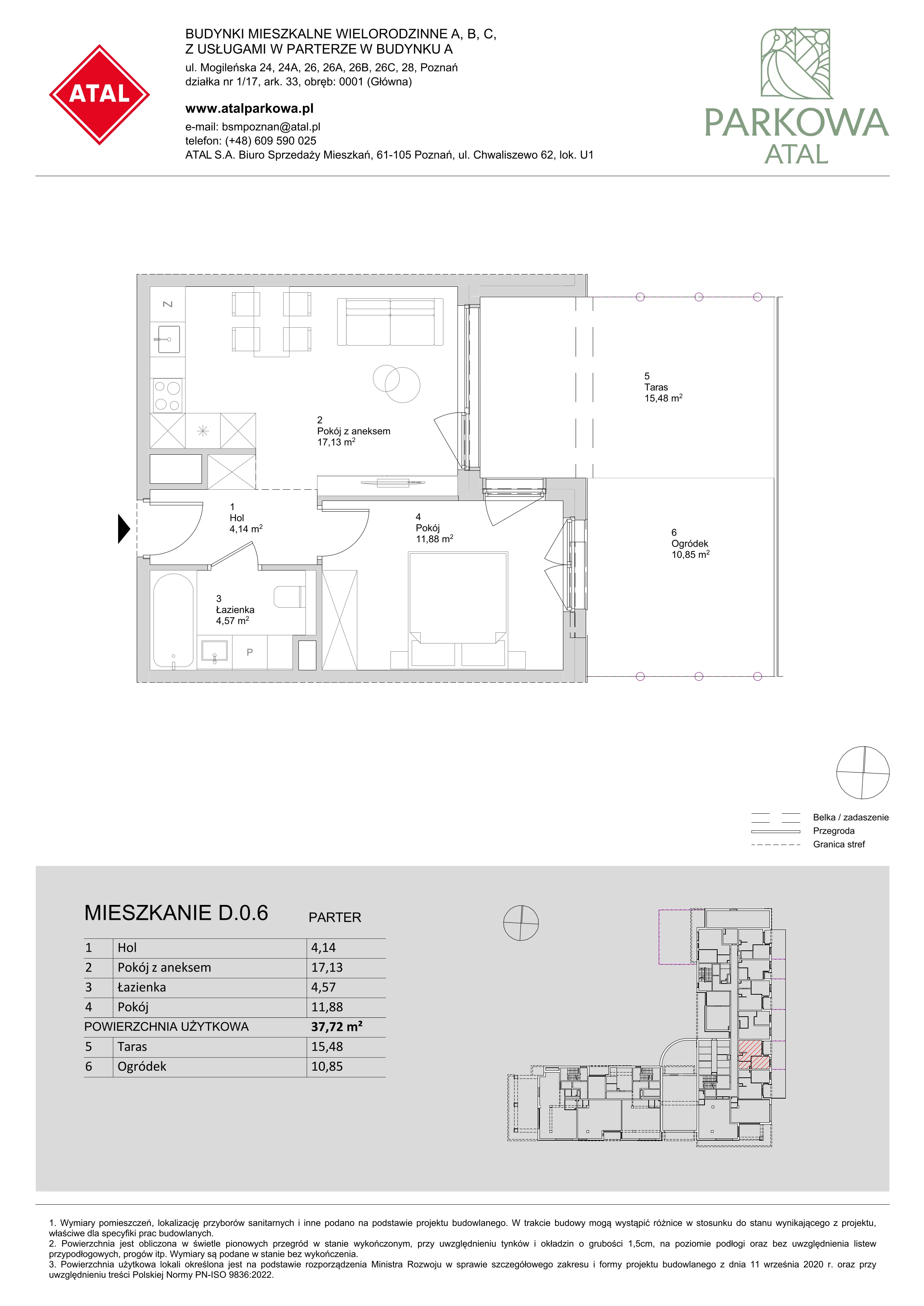 2 pokoje, mieszkanie 37,72 m², parter, oferta nr D.0.6, ATAL Parkowa, Poznań, Nowe Miasto, Osiedle Warszawskie, ul. Mogileńska