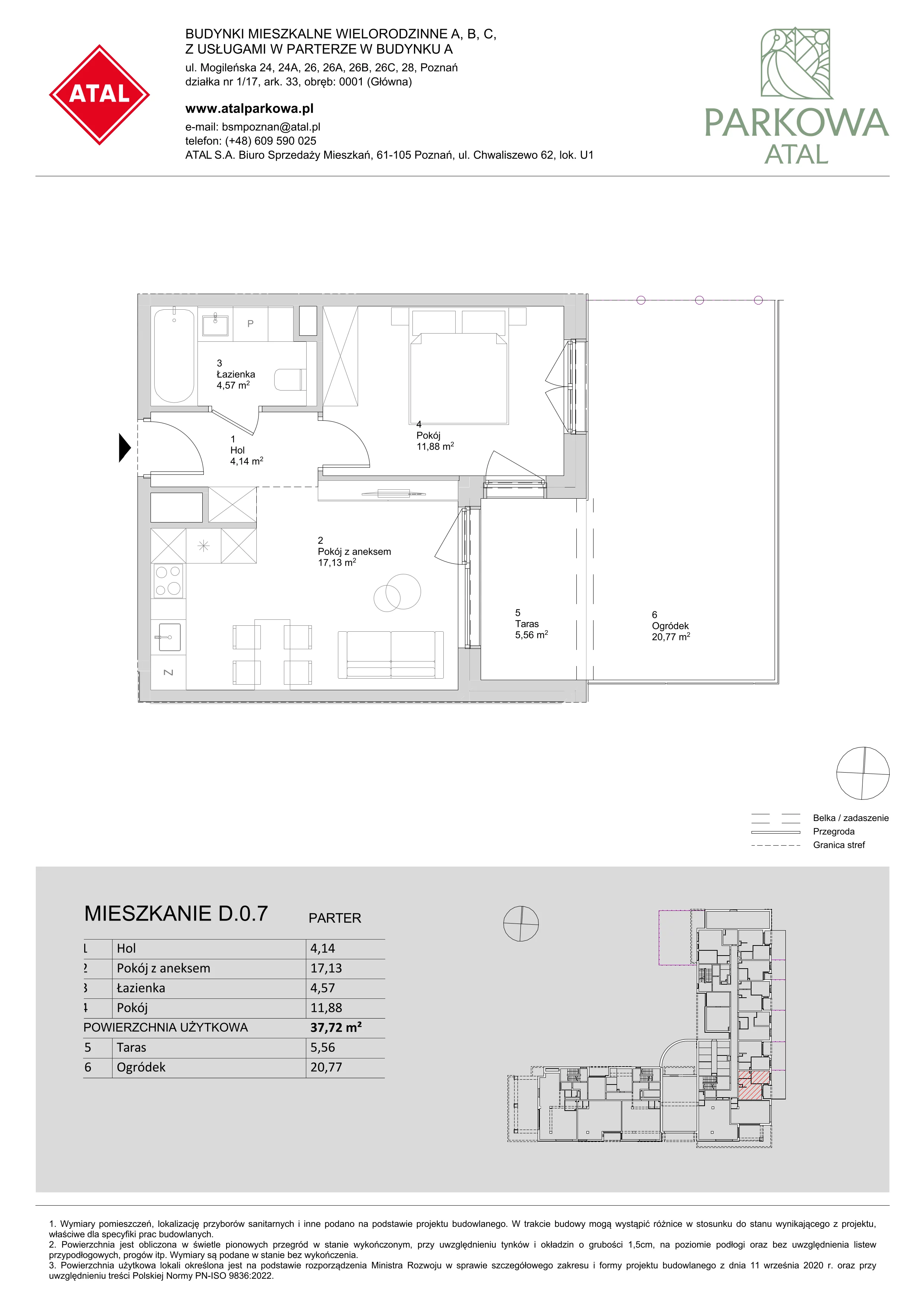 2 pokoje, mieszkanie 37,72 m², parter, oferta nr D.0.7, ATAL Parkowa, Poznań, Nowe Miasto, Osiedle Warszawskie, ul. Mogileńska