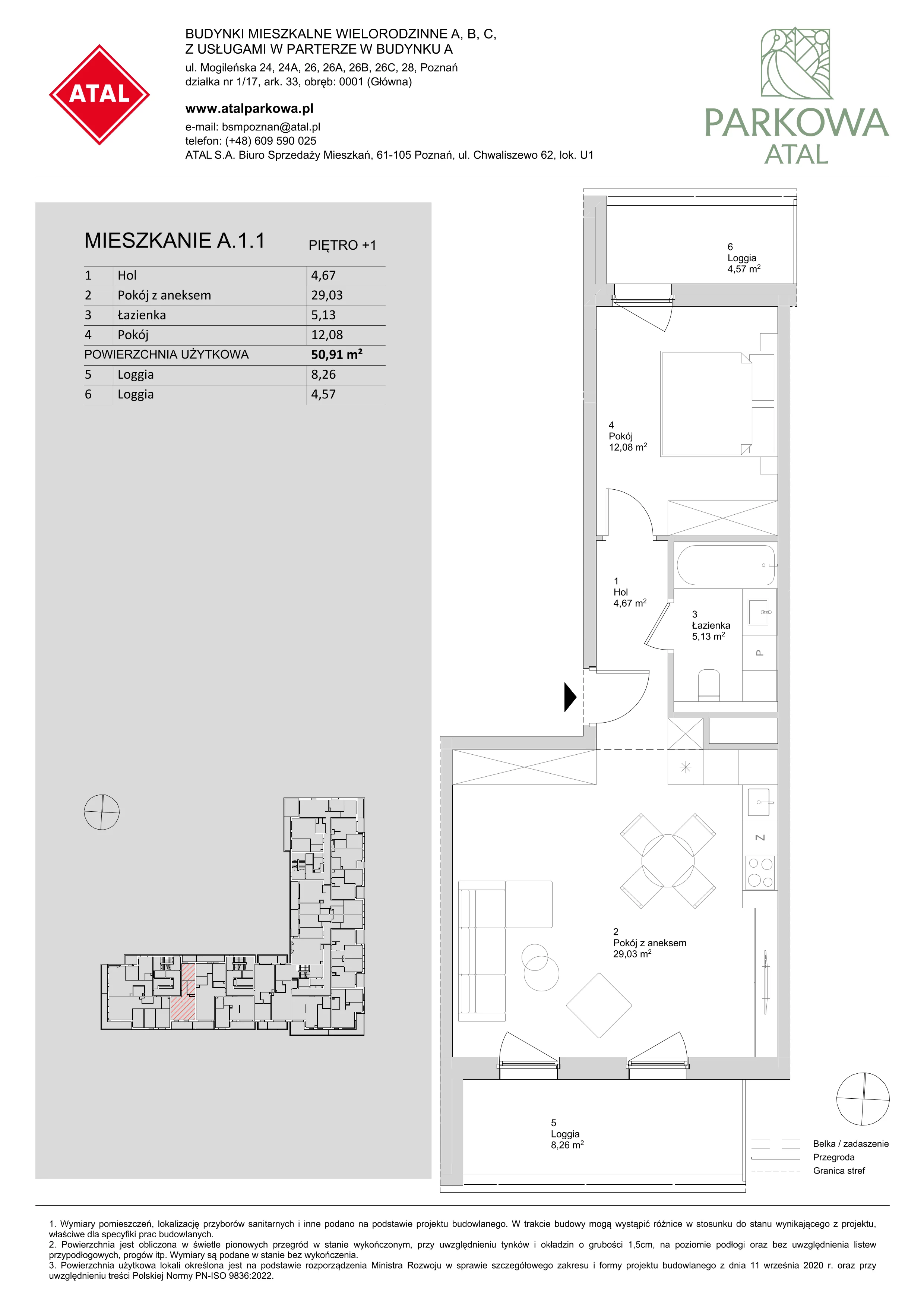 2 pokoje, mieszkanie 50,91 m², piętro 1, oferta nr A.1.1, ATAL Parkowa, Poznań, Nowe Miasto, Osiedle Warszawskie, ul. Mogileńska