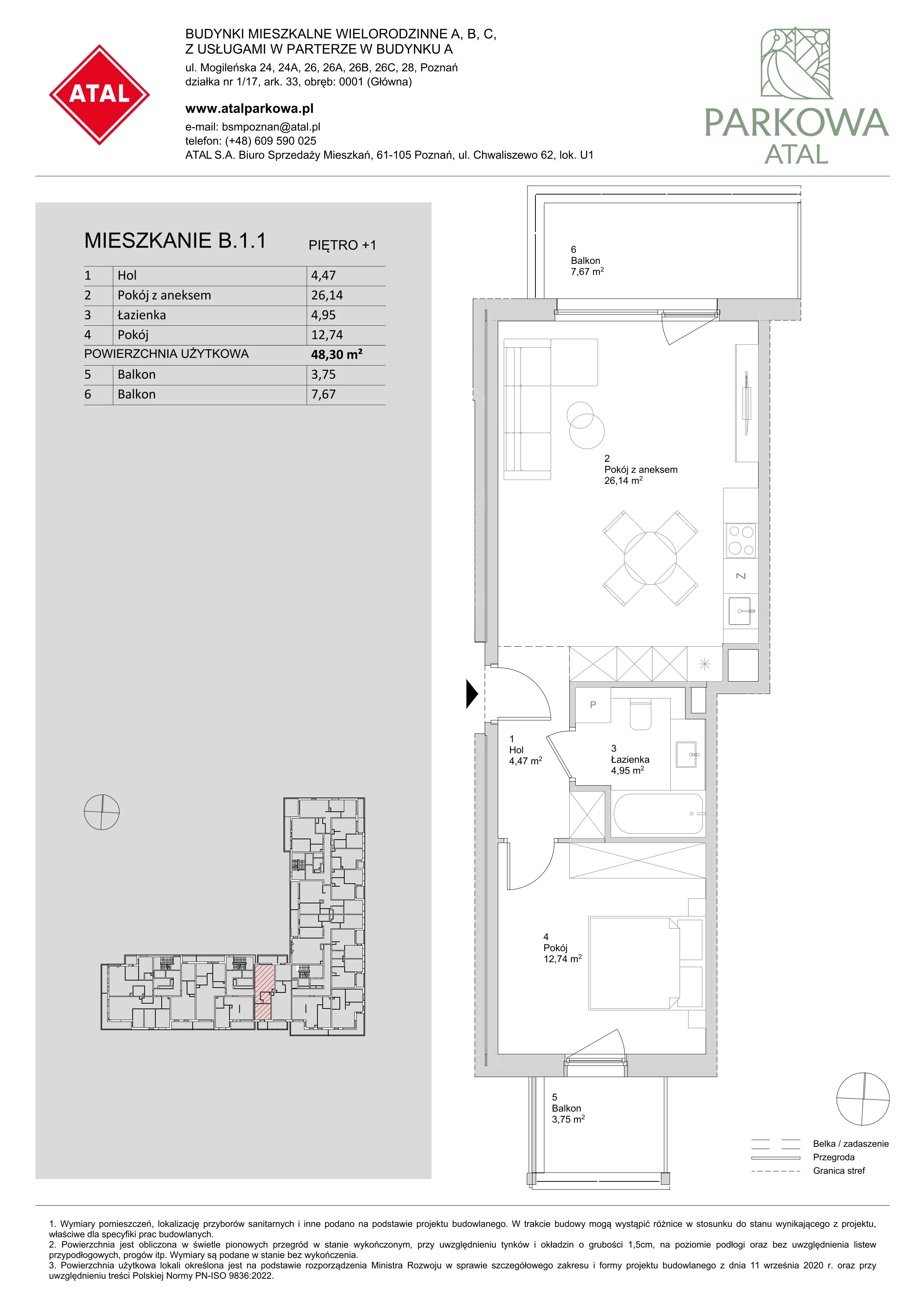 2 pokoje, mieszkanie 48,30 m², piętro 1, oferta nr B.1.1, ATAL Parkowa, Poznań, Nowe Miasto, Osiedle Warszawskie, ul. Mogileńska