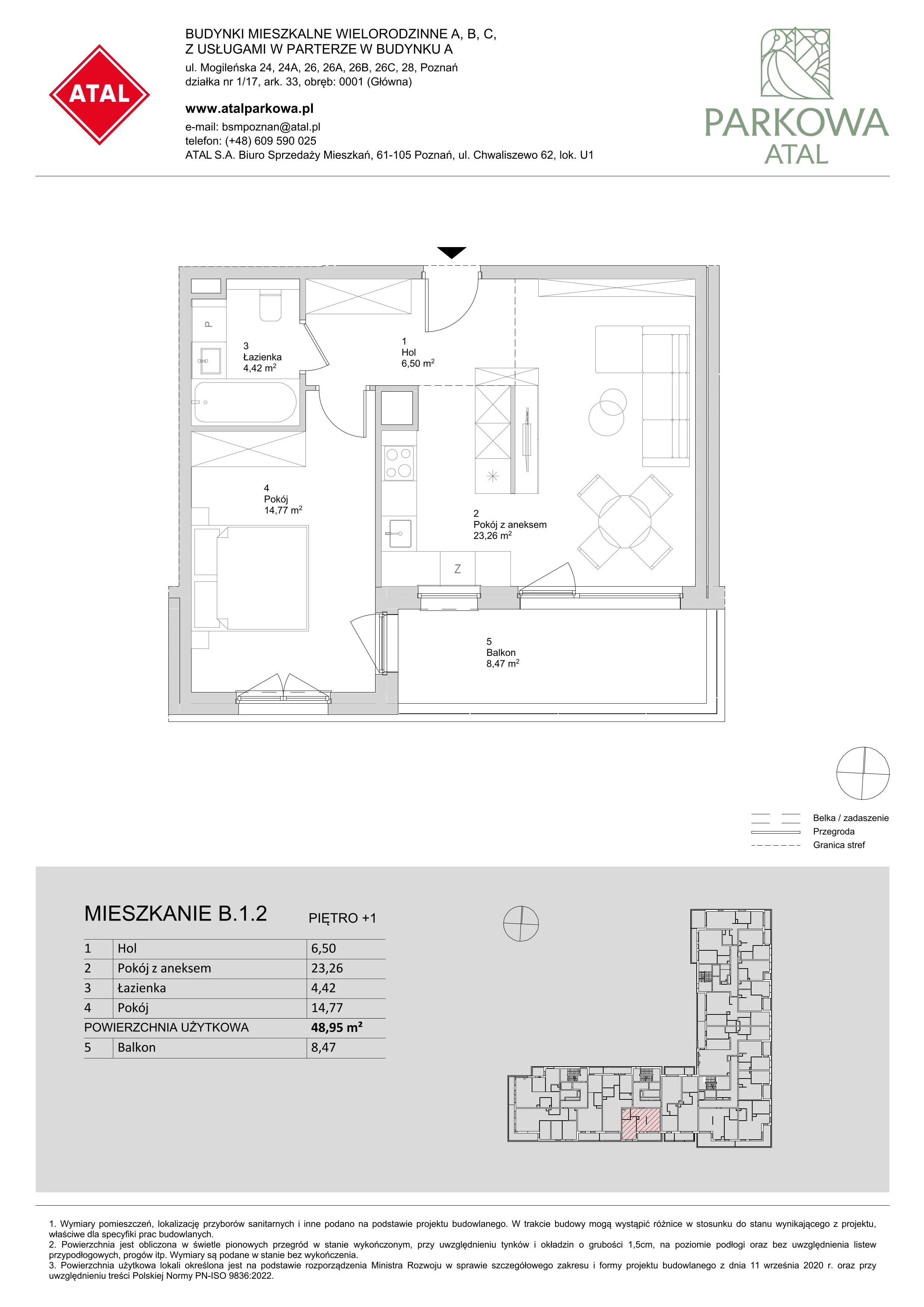 2 pokoje, mieszkanie 48,95 m², piętro 1, oferta nr B.1.2, ATAL Parkowa, Poznań, Nowe Miasto, Osiedle Warszawskie, ul. Mogileńska