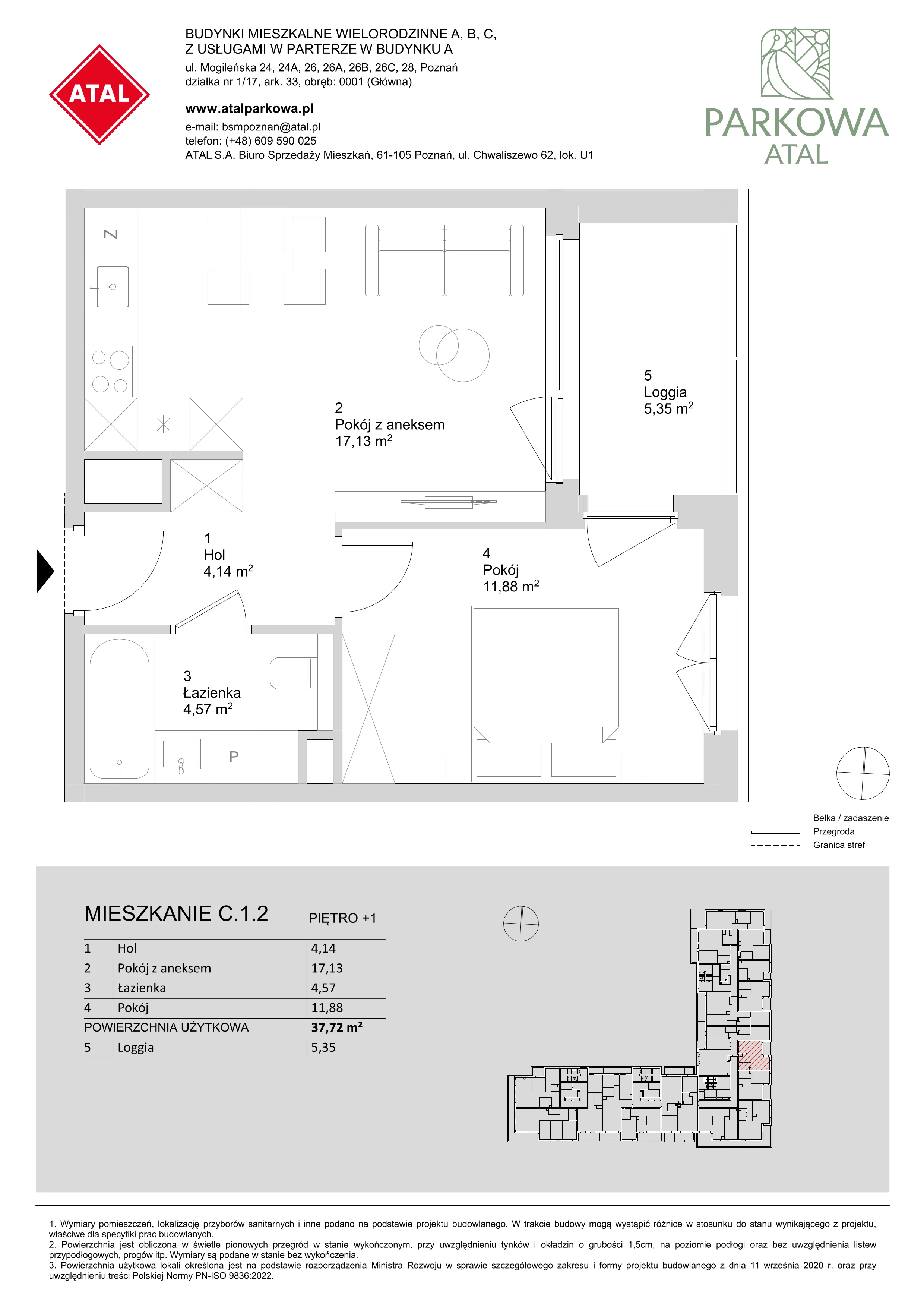 2 pokoje, mieszkanie 37,72 m², piętro 1, oferta nr C.1.2, ATAL Parkowa, Poznań, Nowe Miasto, Osiedle Warszawskie, ul. Mogileńska