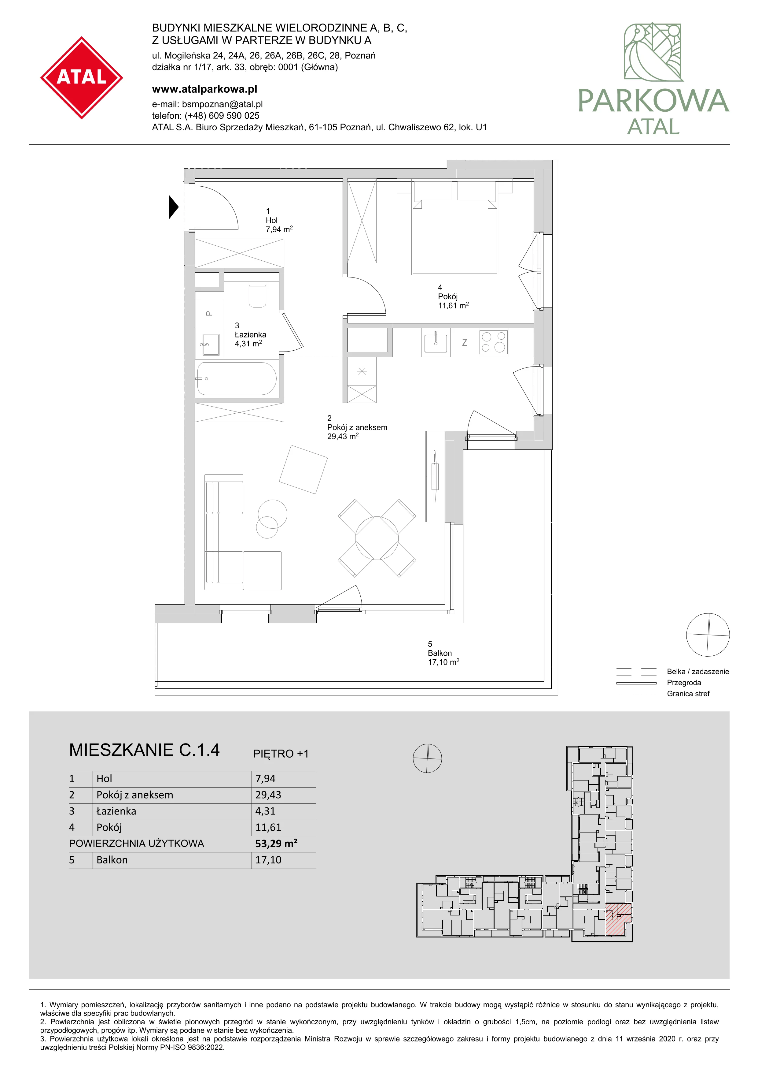 2 pokoje, mieszkanie 53,29 m², piętro 1, oferta nr C.1.4, ATAL Parkowa, Poznań, Nowe Miasto, Osiedle Warszawskie, ul. Mogileńska