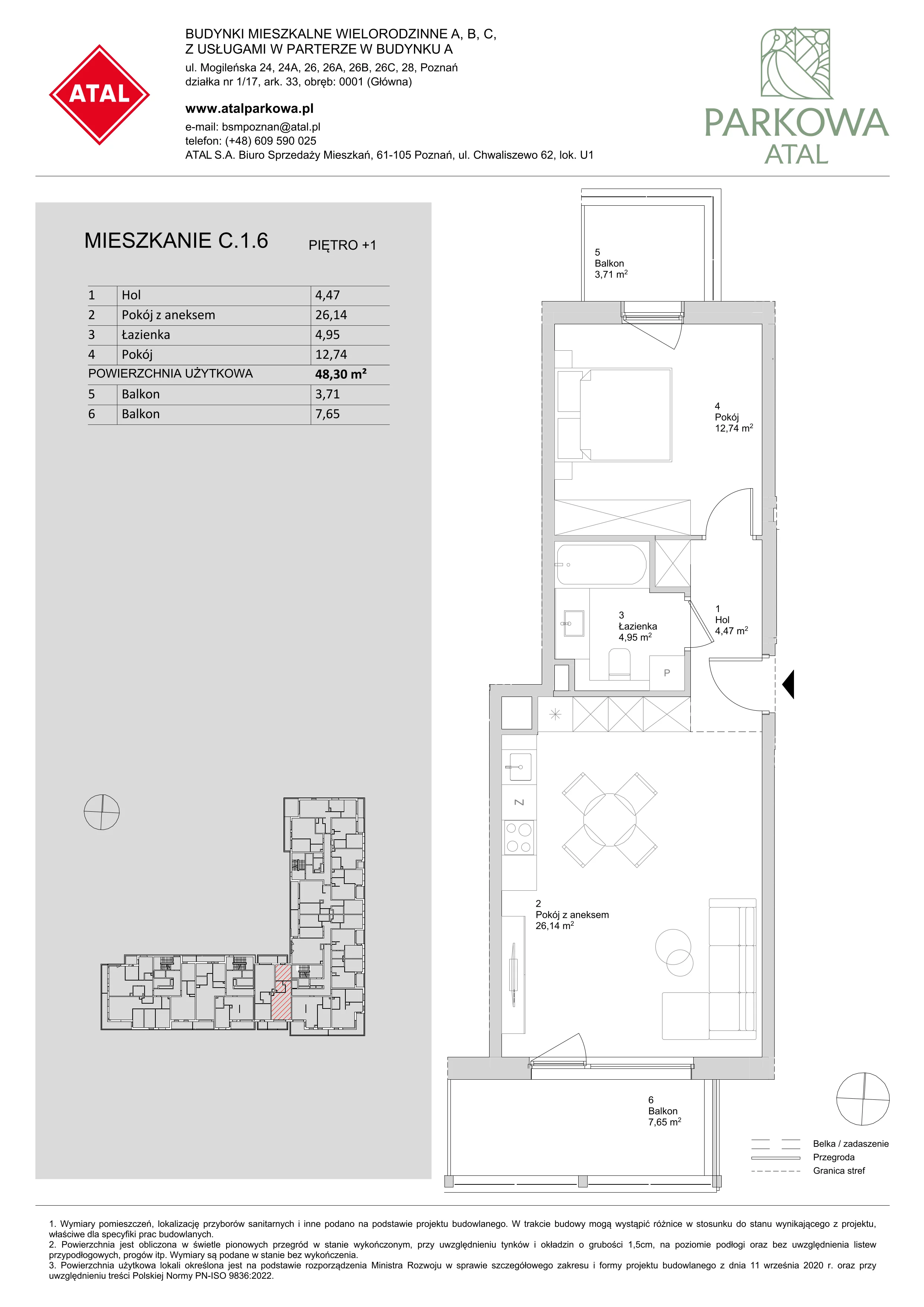 2 pokoje, mieszkanie 48,30 m², piętro 1, oferta nr C.1.6, ATAL Parkowa, Poznań, Nowe Miasto, Osiedle Warszawskie, ul. Mogileńska