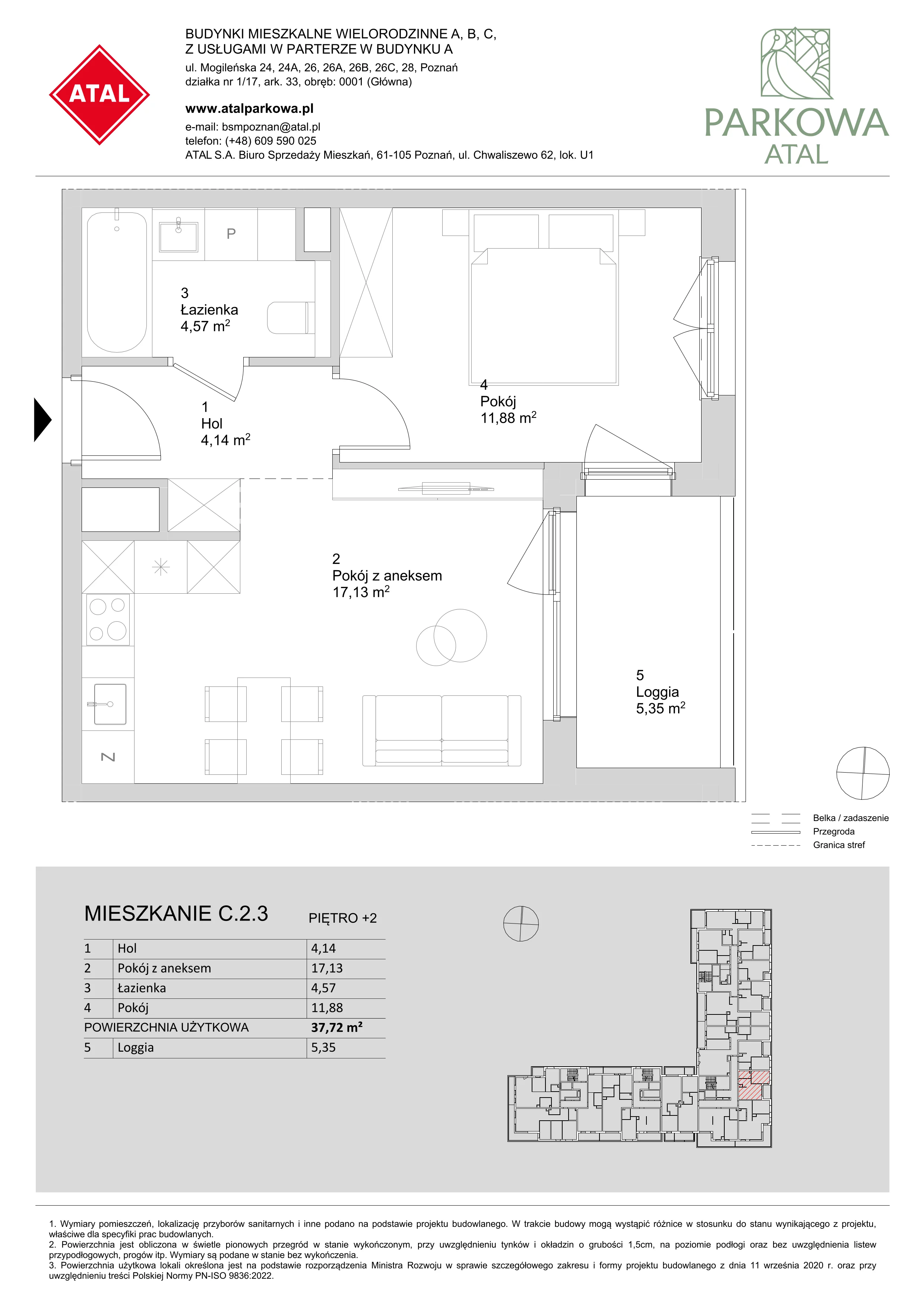 2 pokoje, mieszkanie 37,72 m², piętro 2, oferta nr C.2.3, ATAL Parkowa, Poznań, Nowe Miasto, Osiedle Warszawskie, ul. Mogileńska