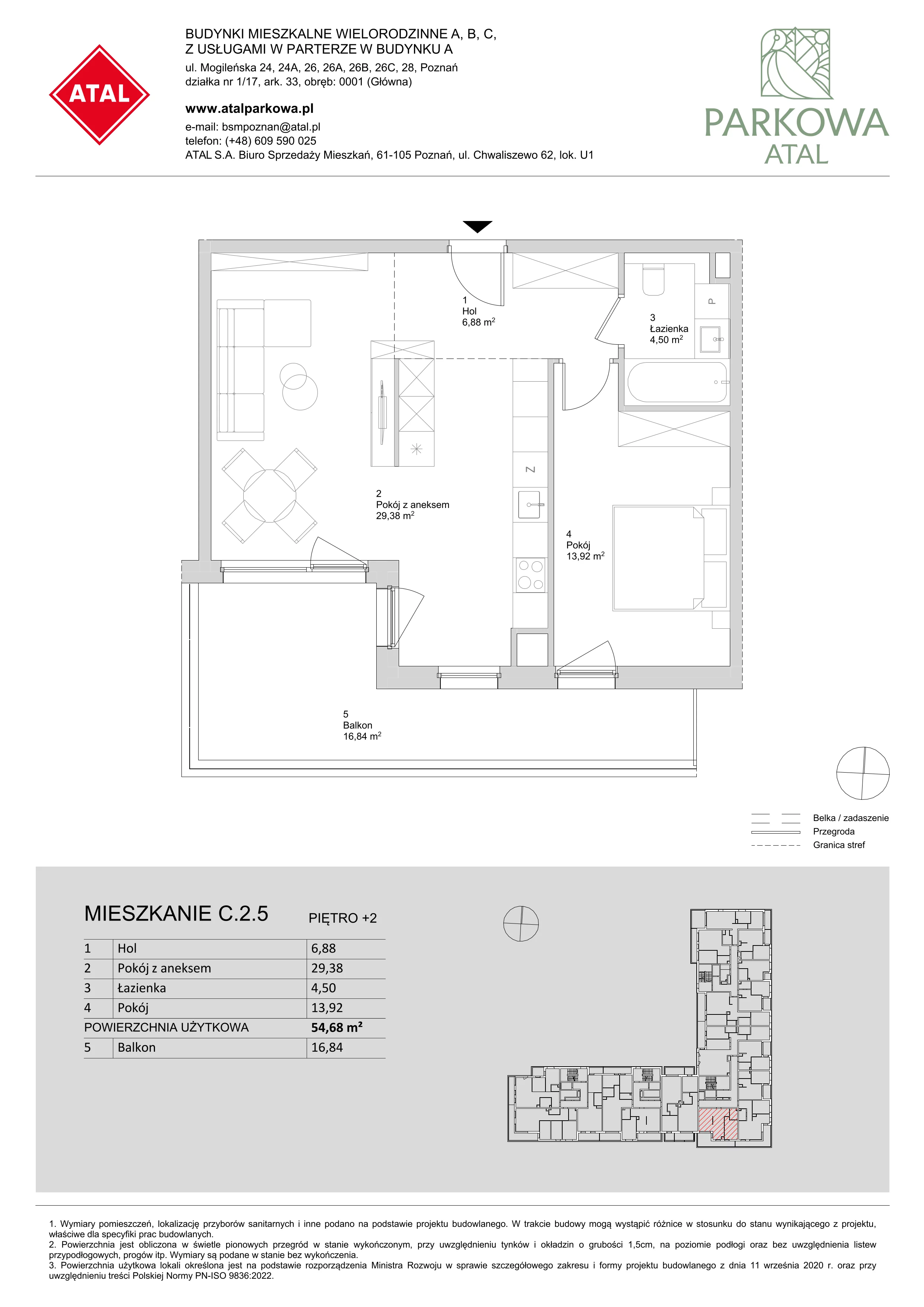 2 pokoje, mieszkanie 54,68 m², piętro 2, oferta nr C.2.5, ATAL Parkowa, Poznań, Nowe Miasto, Osiedle Warszawskie, ul. Mogileńska
