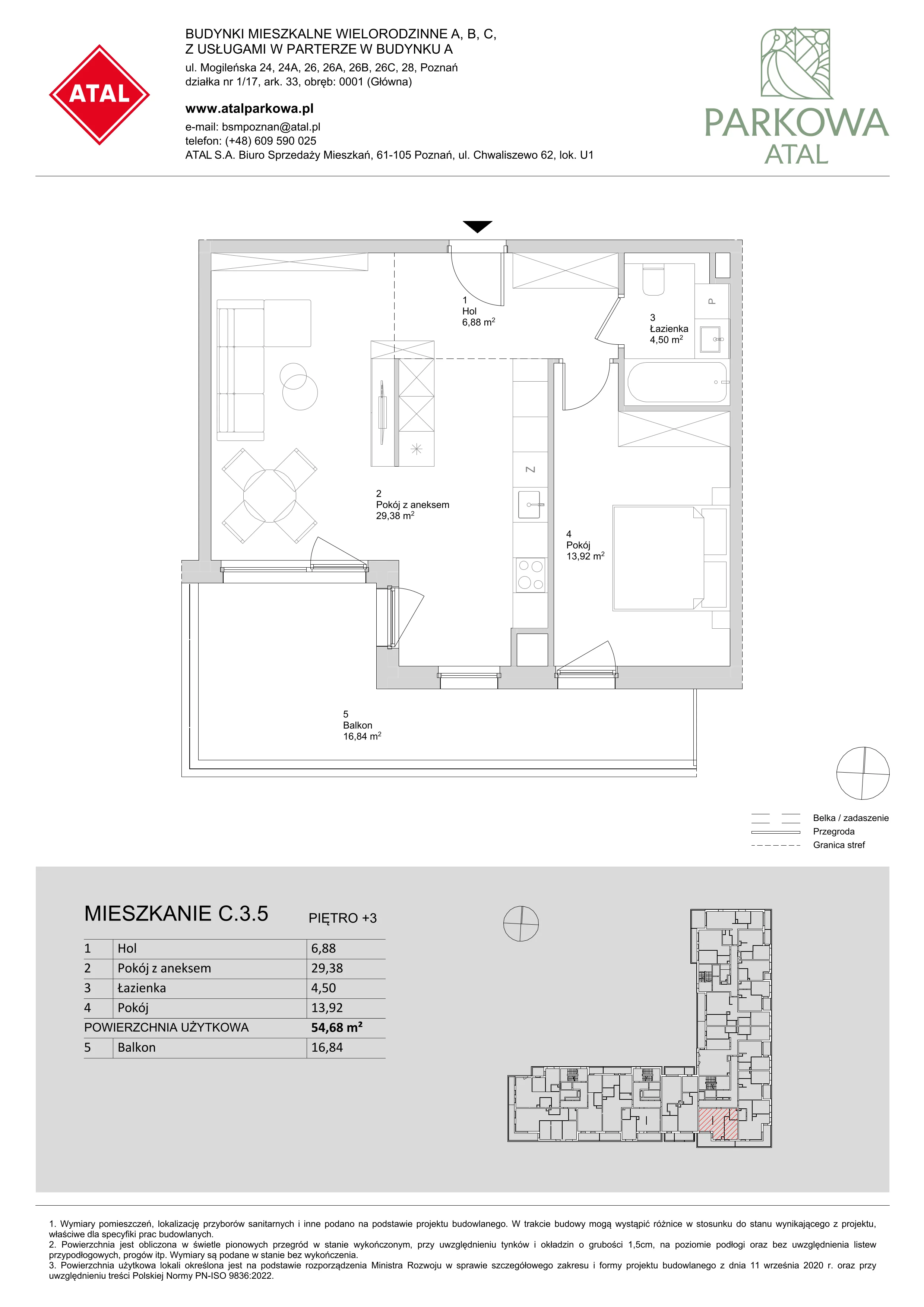 2 pokoje, mieszkanie 54,68 m², piętro 3, oferta nr C.3.5, ATAL Parkowa, Poznań, Nowe Miasto, Osiedle Warszawskie, ul. Mogileńska