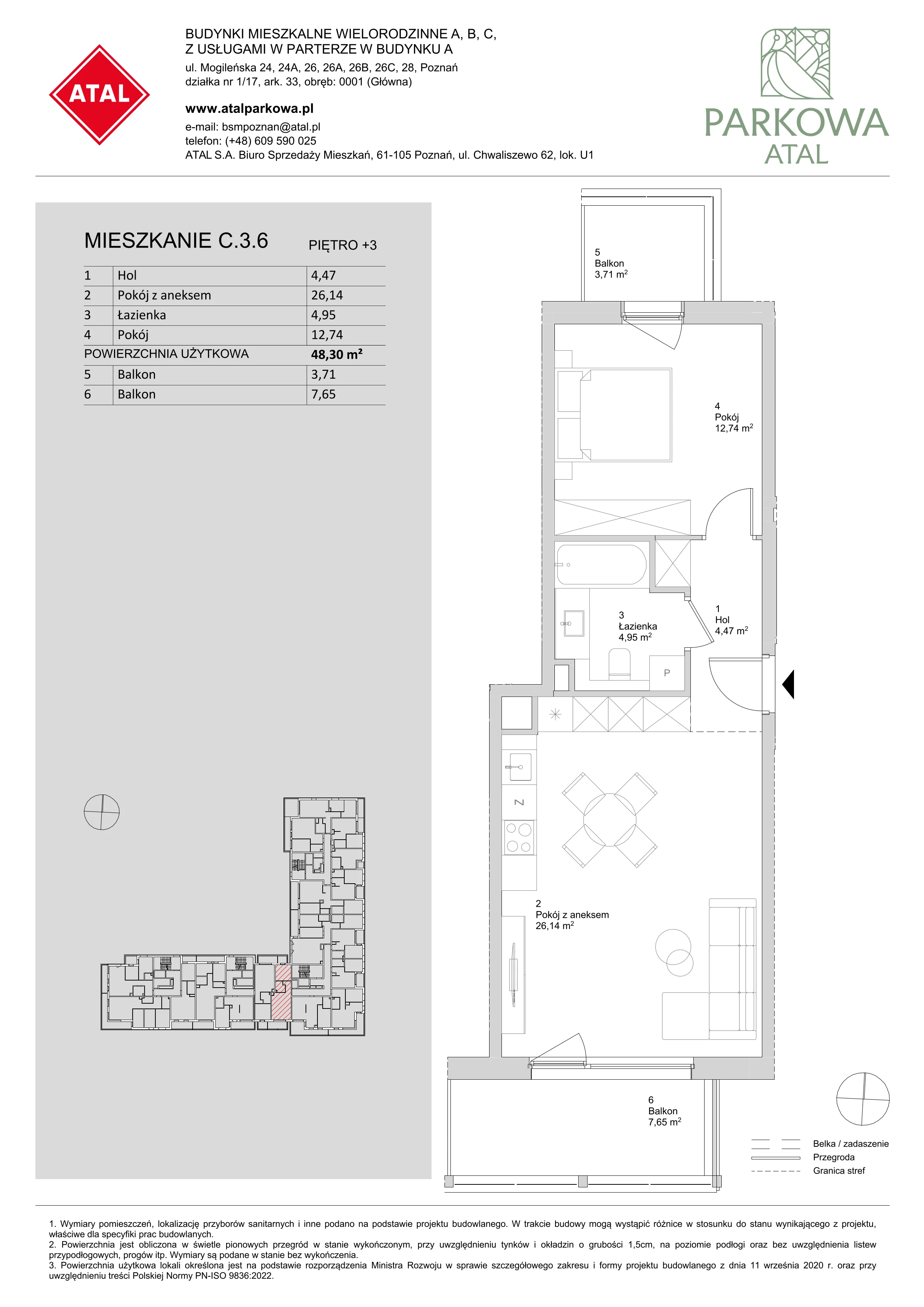 2 pokoje, mieszkanie 48,30 m², piętro 3, oferta nr C.3.6, ATAL Parkowa, Poznań, Nowe Miasto, Osiedle Warszawskie, ul. Mogileńska