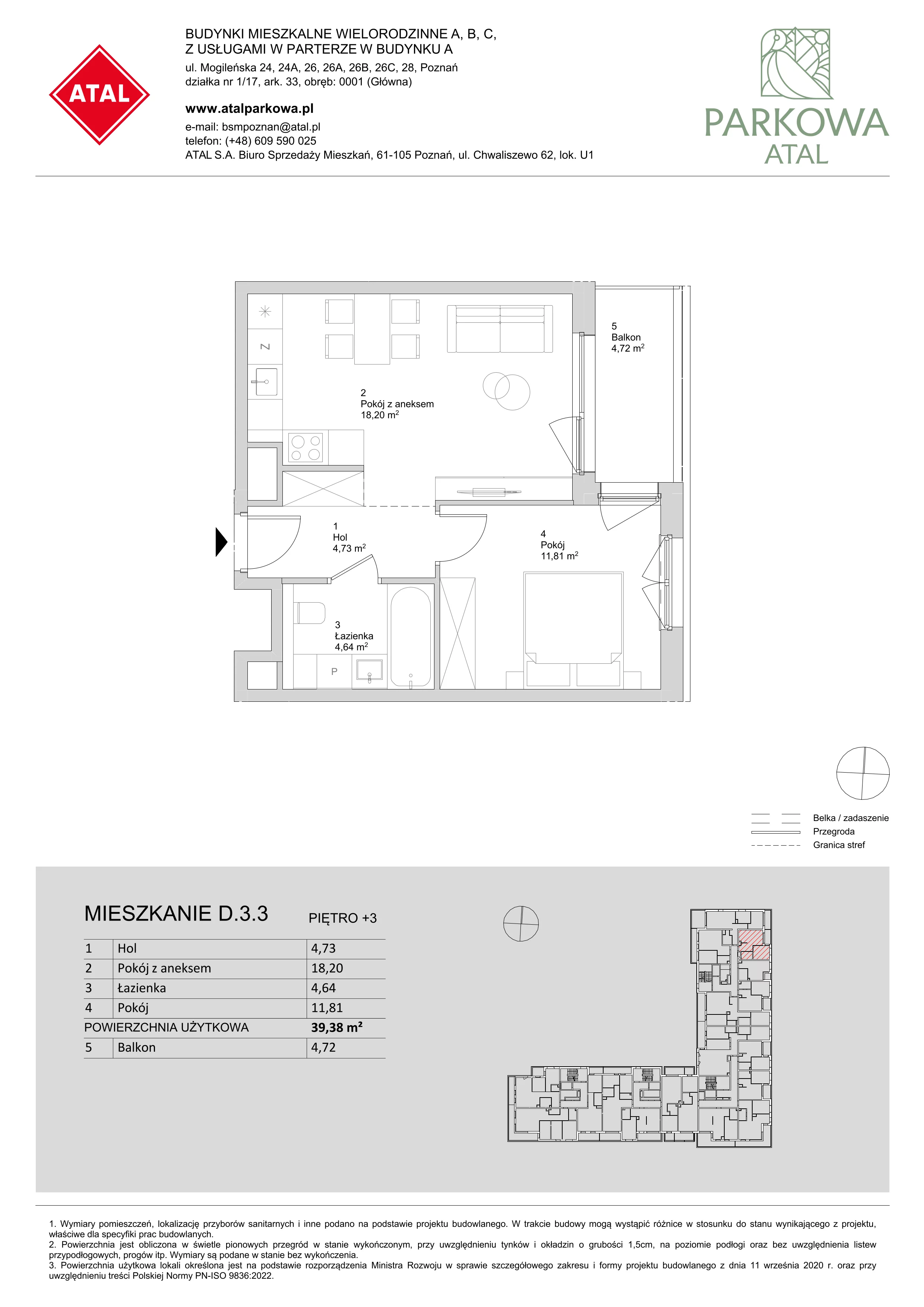 2 pokoje, mieszkanie 39,38 m², piętro 3, oferta nr D.3.3, ATAL Parkowa, Poznań, Nowe Miasto, Osiedle Warszawskie, ul. Mogileńska