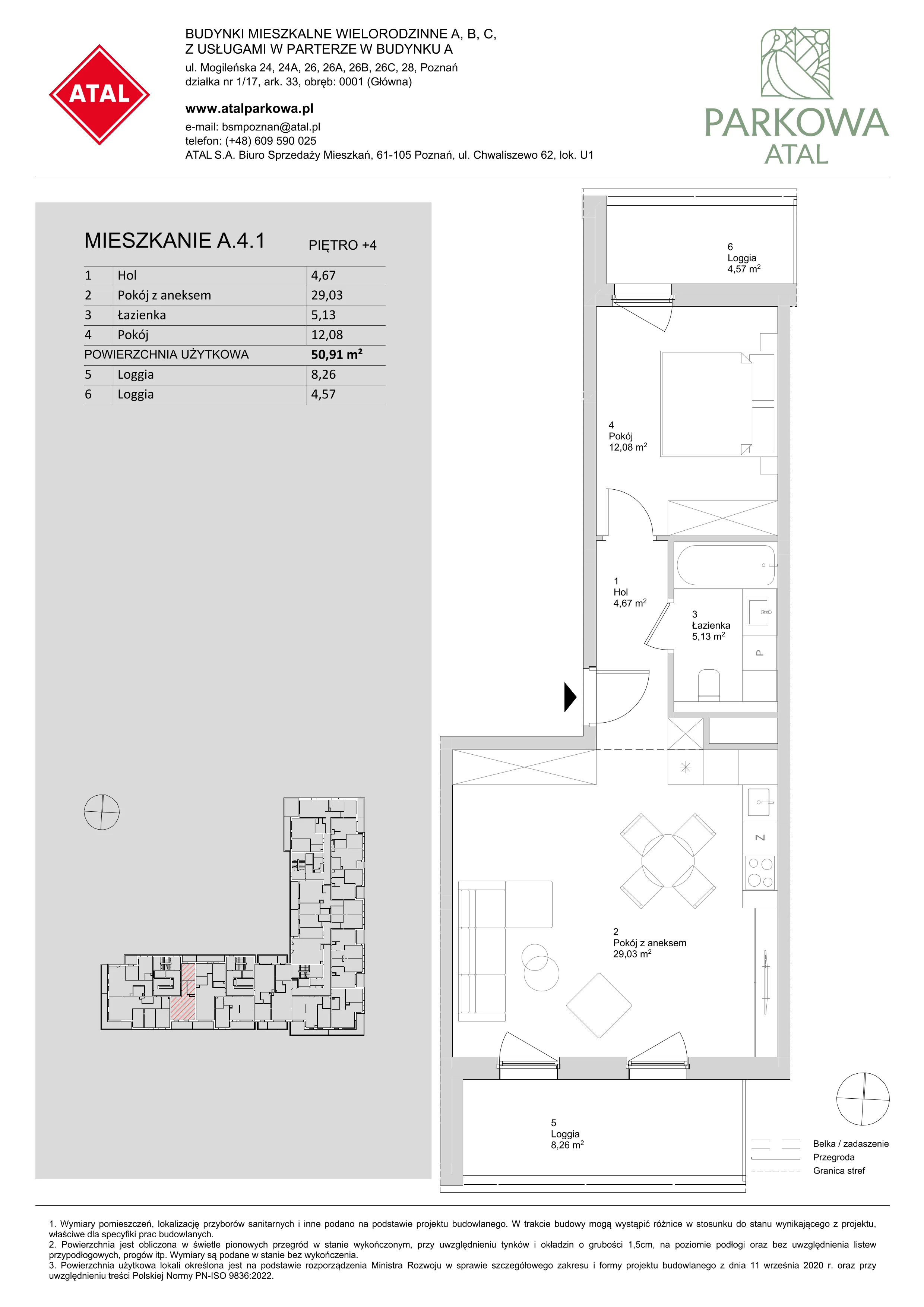 2 pokoje, mieszkanie 50,91 m², piętro 4, oferta nr A.4.1, ATAL Parkowa, Poznań, Nowe Miasto, Osiedle Warszawskie, ul. Mogileńska