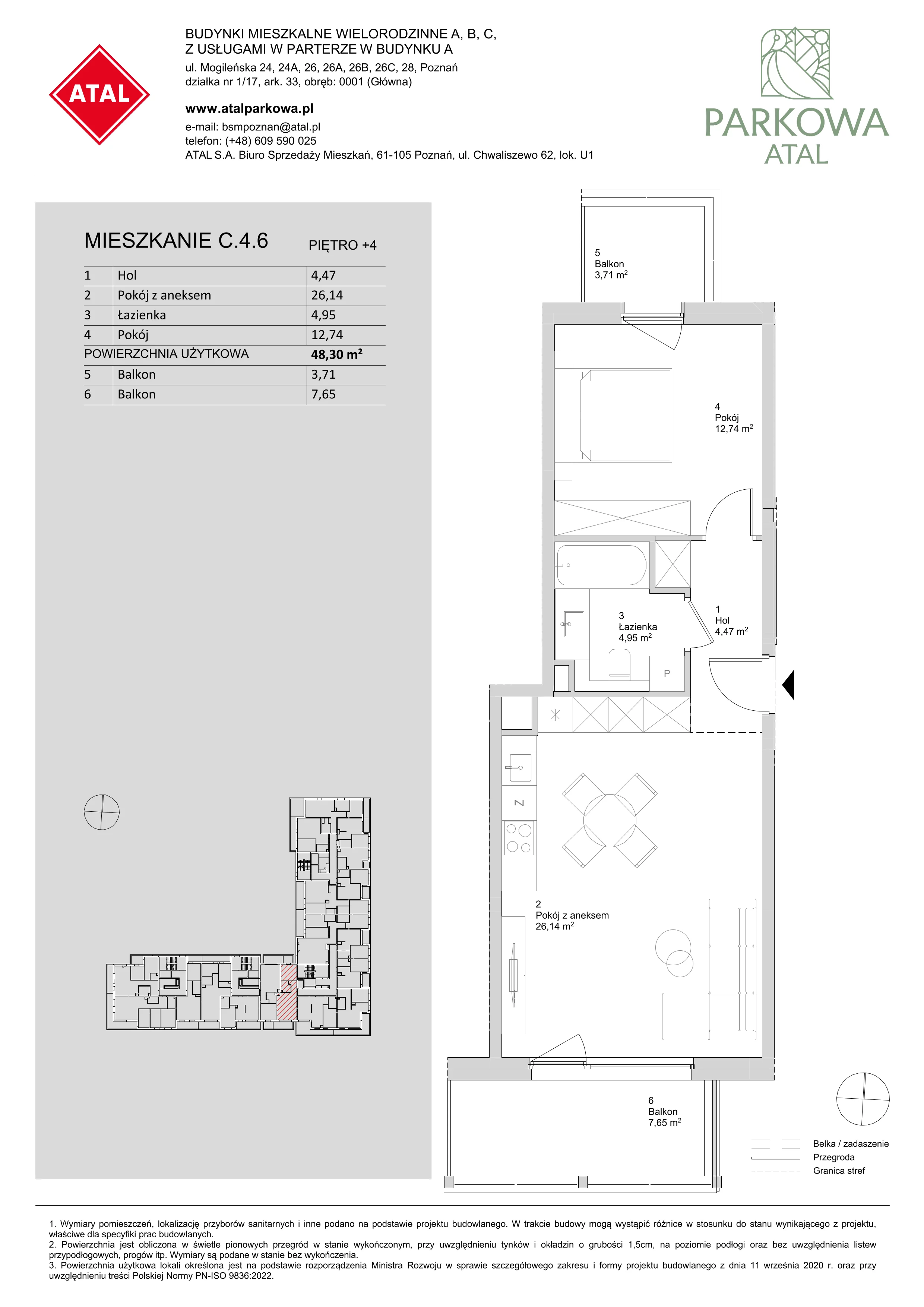 2 pokoje, mieszkanie 48,30 m², piętro 4, oferta nr C.4.6, ATAL Parkowa, Poznań, Nowe Miasto, Osiedle Warszawskie, ul. Mogileńska