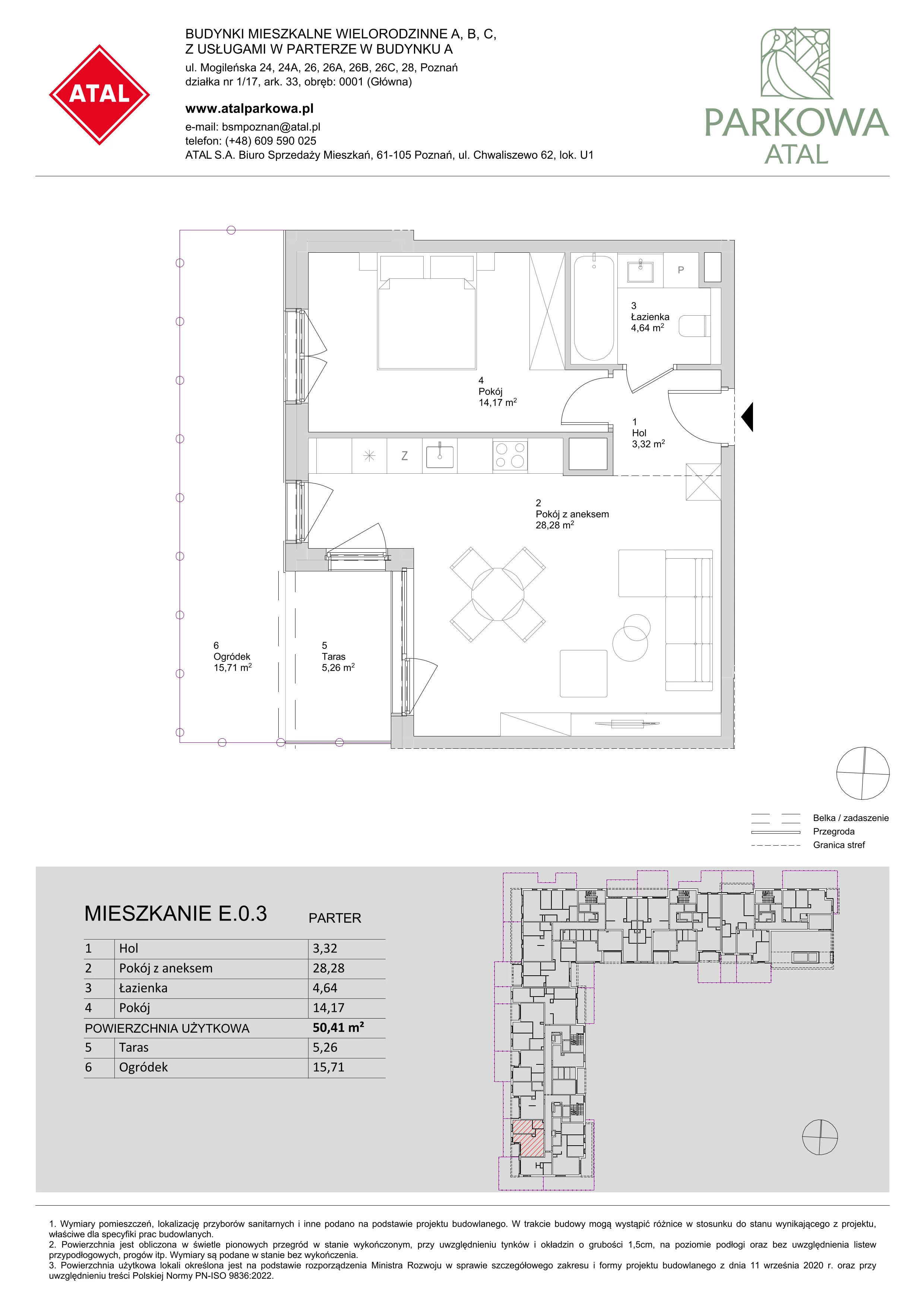 2 pokoje, mieszkanie 50,41 m², parter, oferta nr E.0.3, ATAL Parkowa, Poznań, Nowe Miasto, Osiedle Warszawskie, ul. Mogileńska