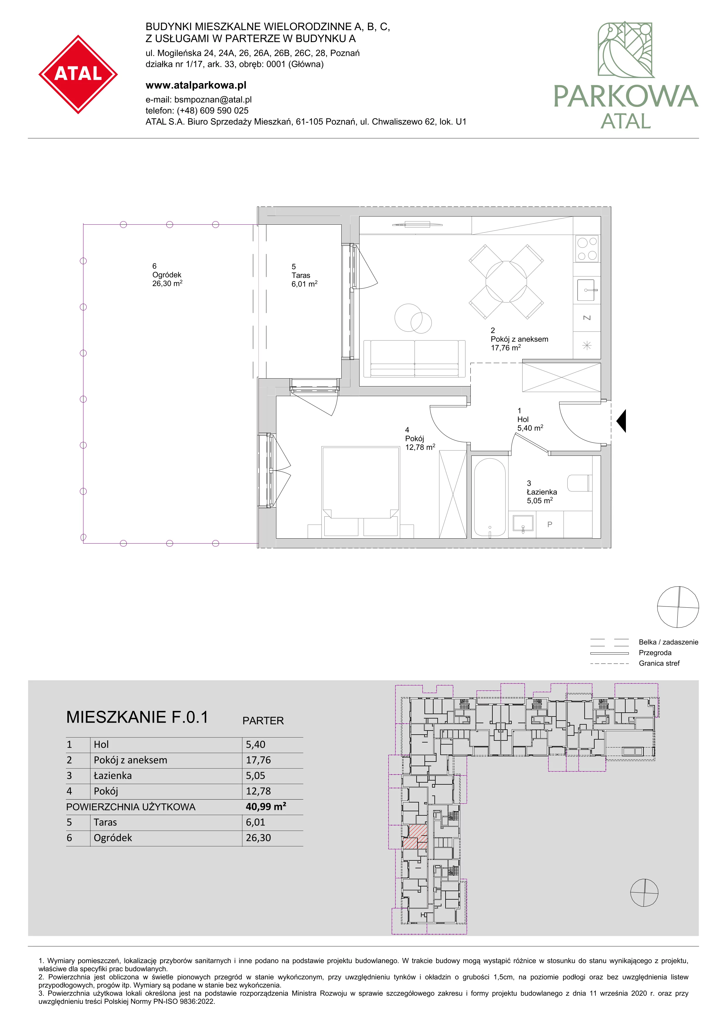 2 pokoje, mieszkanie 40,99 m², parter, oferta nr F.0.1, ATAL Parkowa, Poznań, Nowe Miasto, Osiedle Warszawskie, ul. Mogileńska