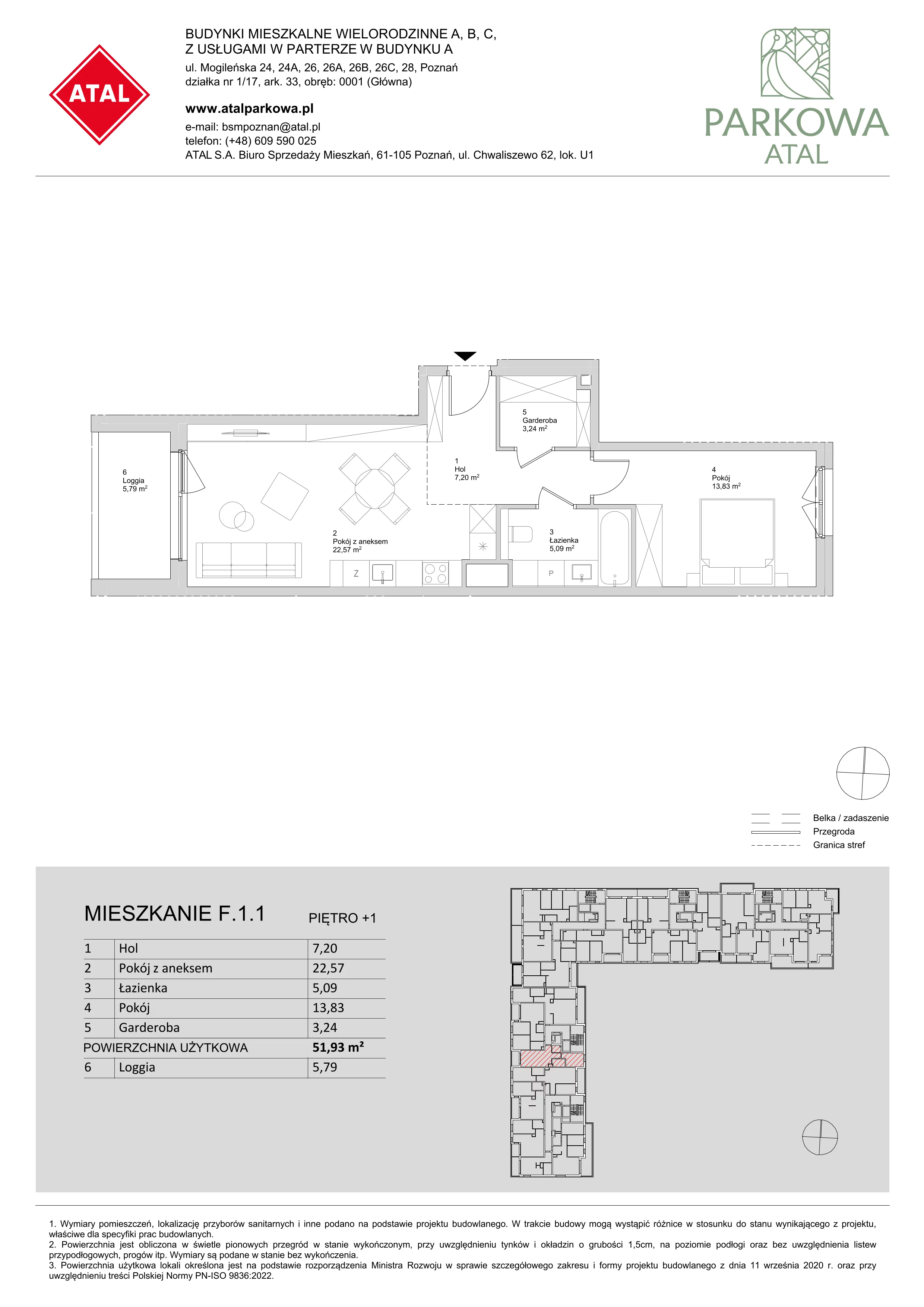 2 pokoje, mieszkanie 51,93 m², piętro 1, oferta nr F.1.1, ATAL Parkowa, Poznań, Nowe Miasto, Osiedle Warszawskie, ul. Mogileńska