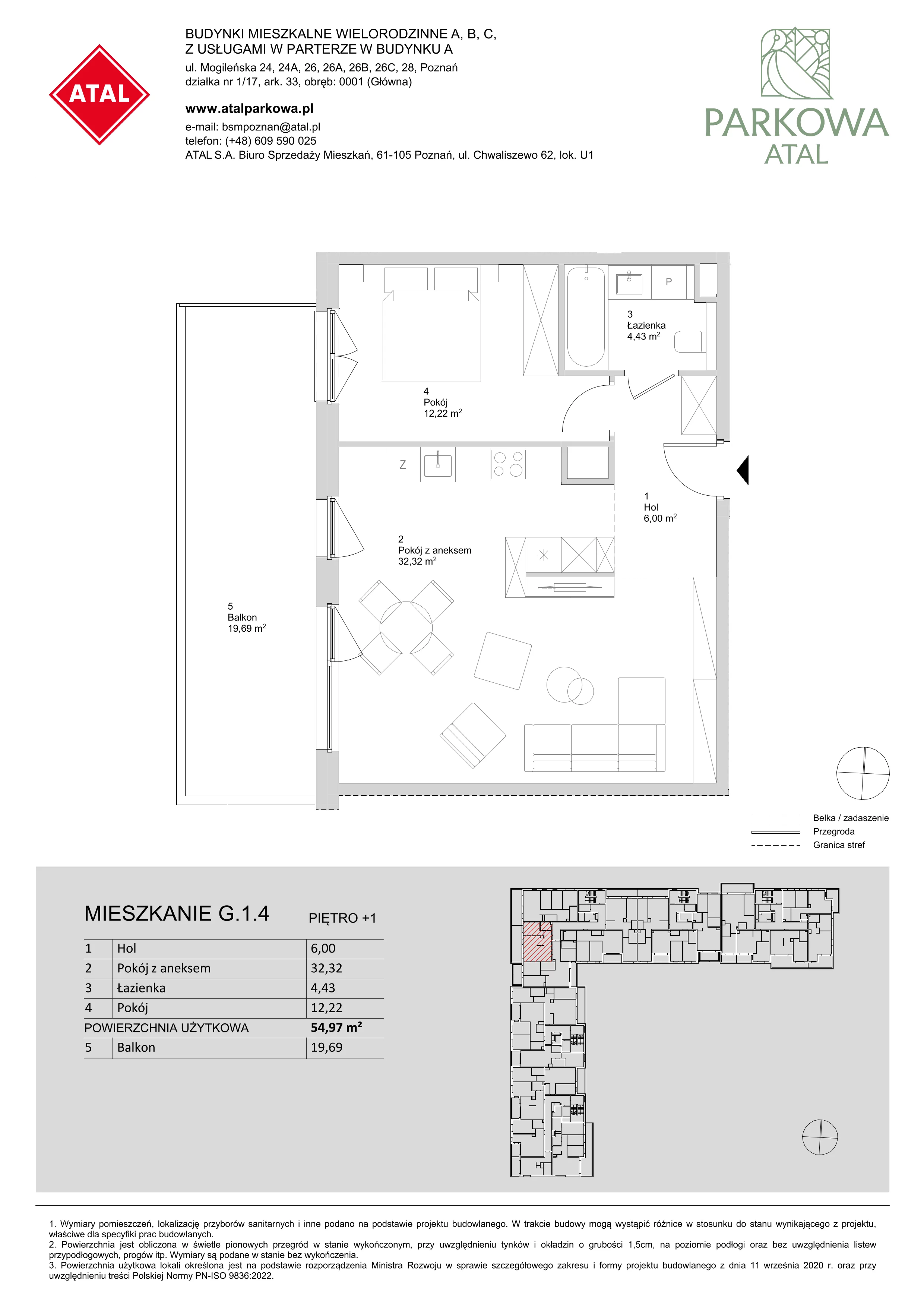 2 pokoje, mieszkanie 54,97 m², piętro 1, oferta nr G.1.4, ATAL Parkowa, Poznań, Nowe Miasto, Osiedle Warszawskie, ul. Mogileńska