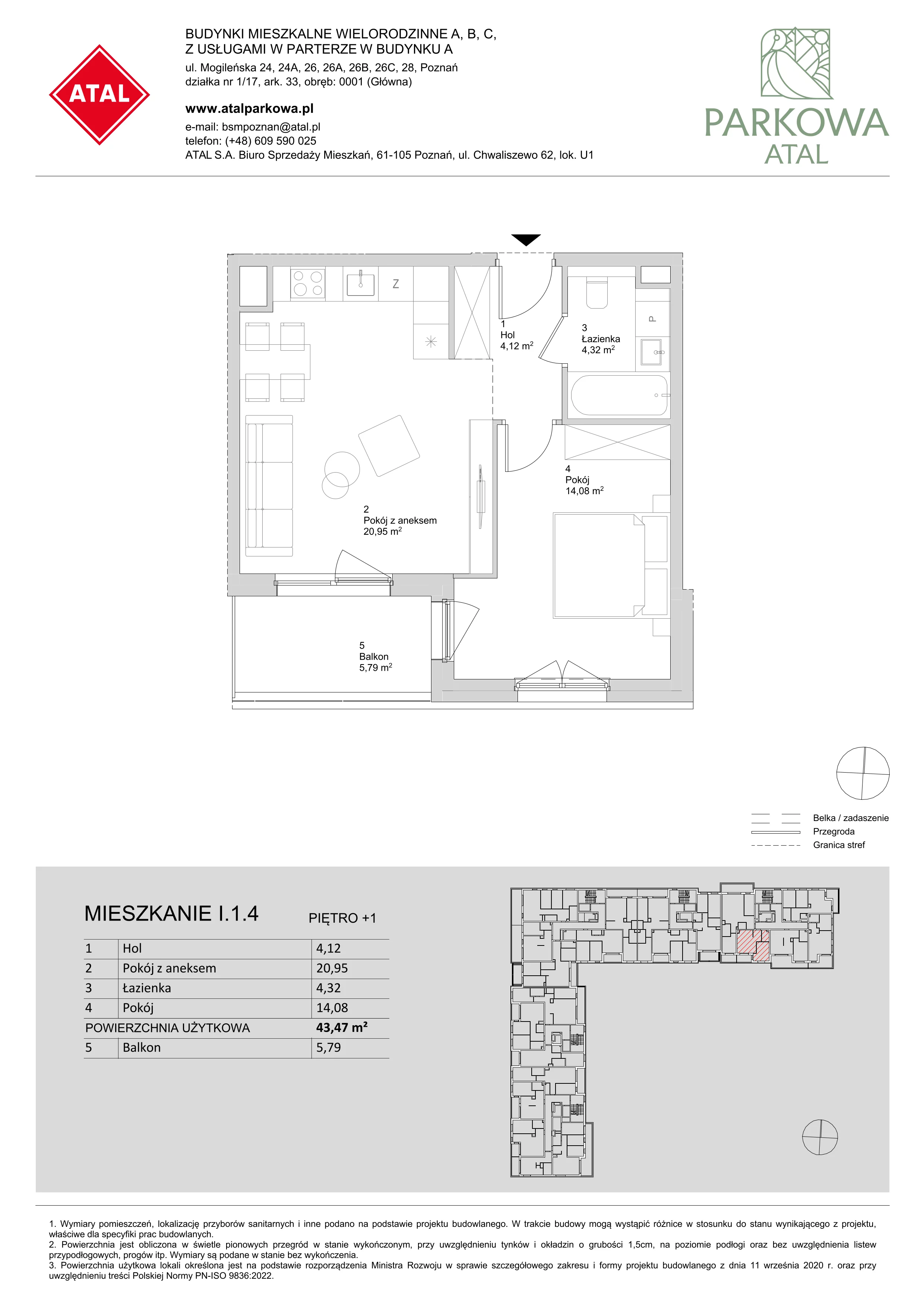 2 pokoje, mieszkanie 43,47 m², piętro 1, oferta nr I.1.4, ATAL Parkowa, Poznań, Nowe Miasto, Osiedle Warszawskie, ul. Mogileńska