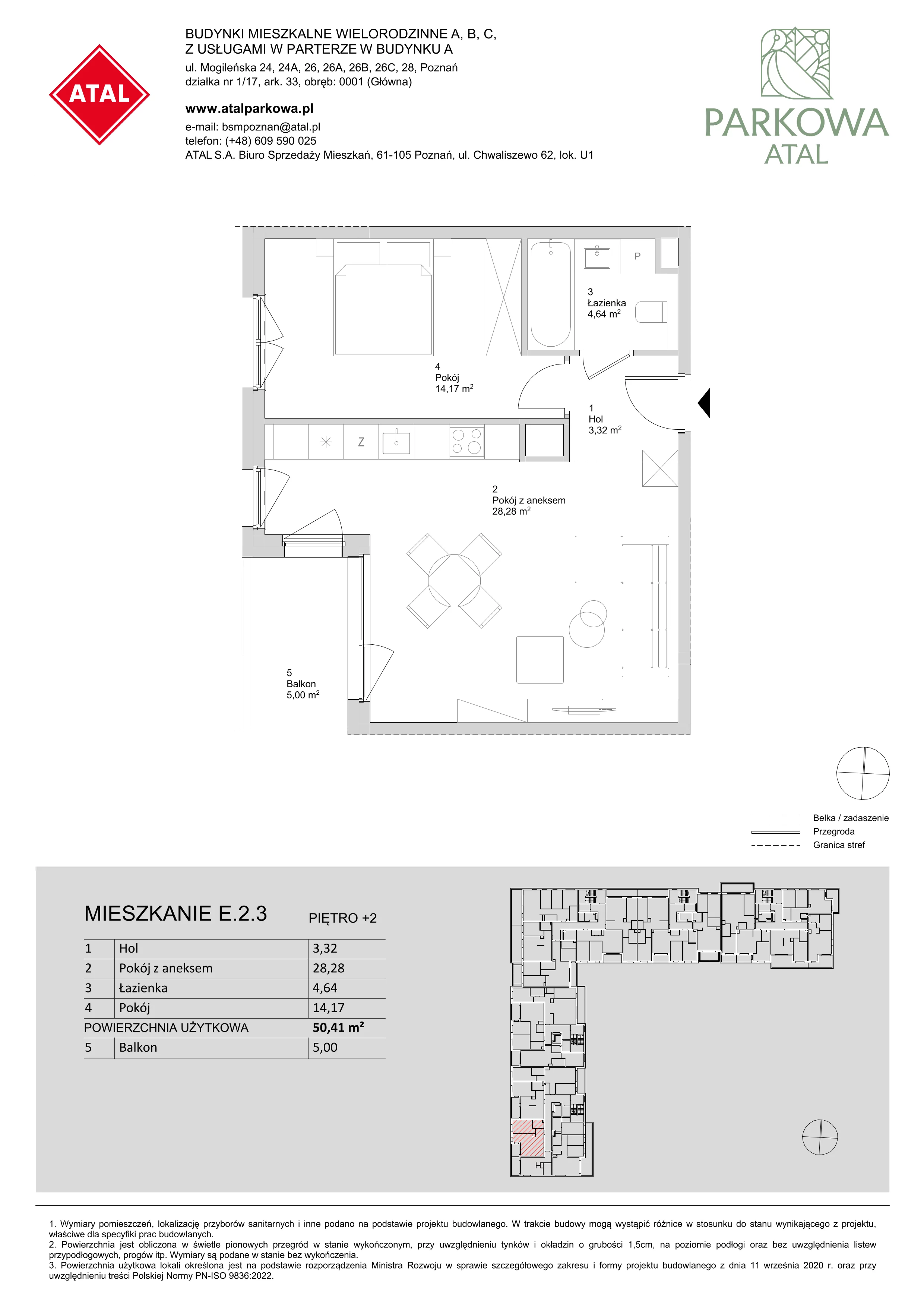 2 pokoje, mieszkanie 50,41 m², piętro 2, oferta nr E.2.3, ATAL Parkowa, Poznań, Nowe Miasto, Osiedle Warszawskie, ul. Mogileńska