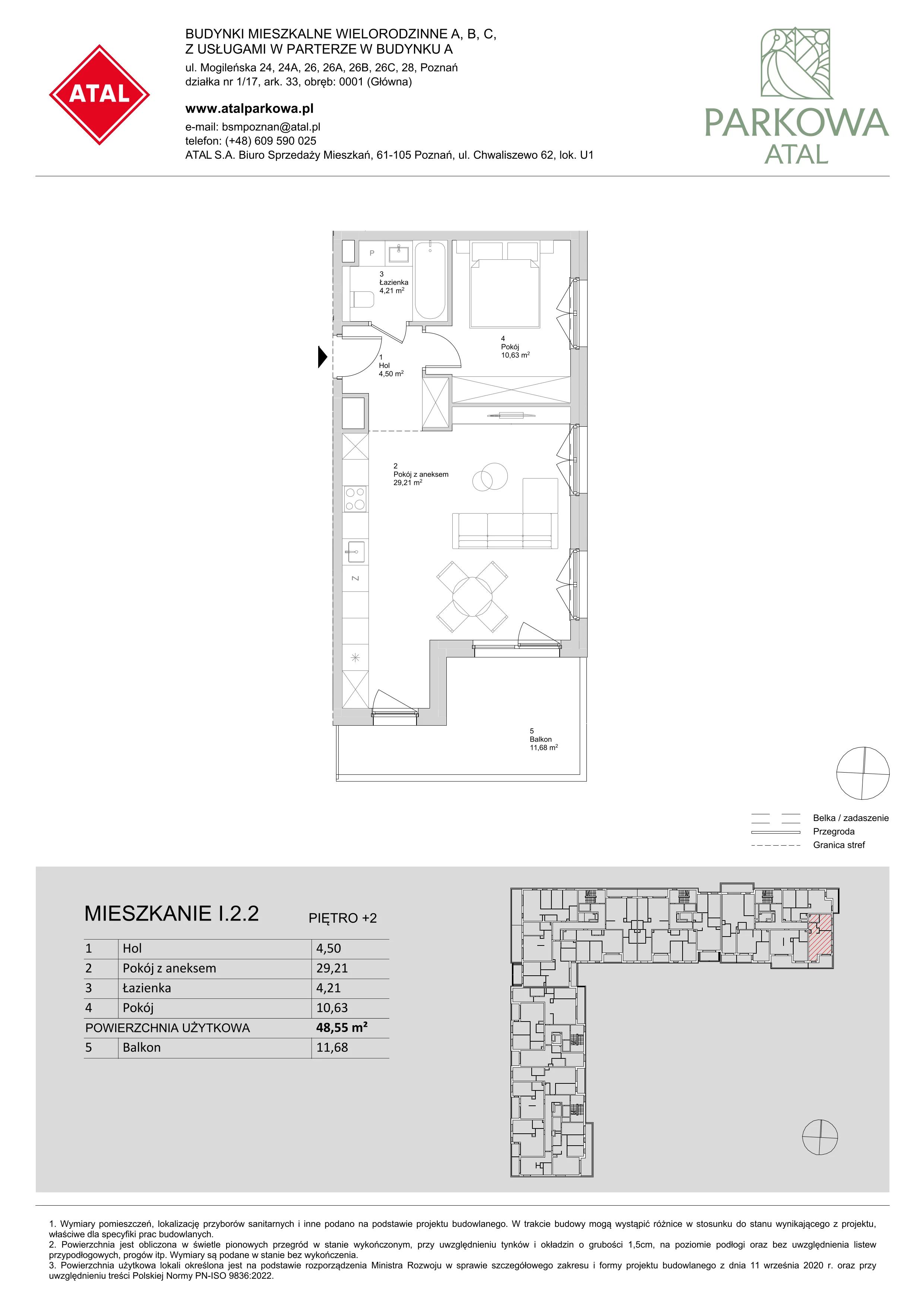 2 pokoje, mieszkanie 48,55 m², piętro 2, oferta nr I.2.2, ATAL Parkowa, Poznań, Nowe Miasto, Osiedle Warszawskie, ul. Mogileńska