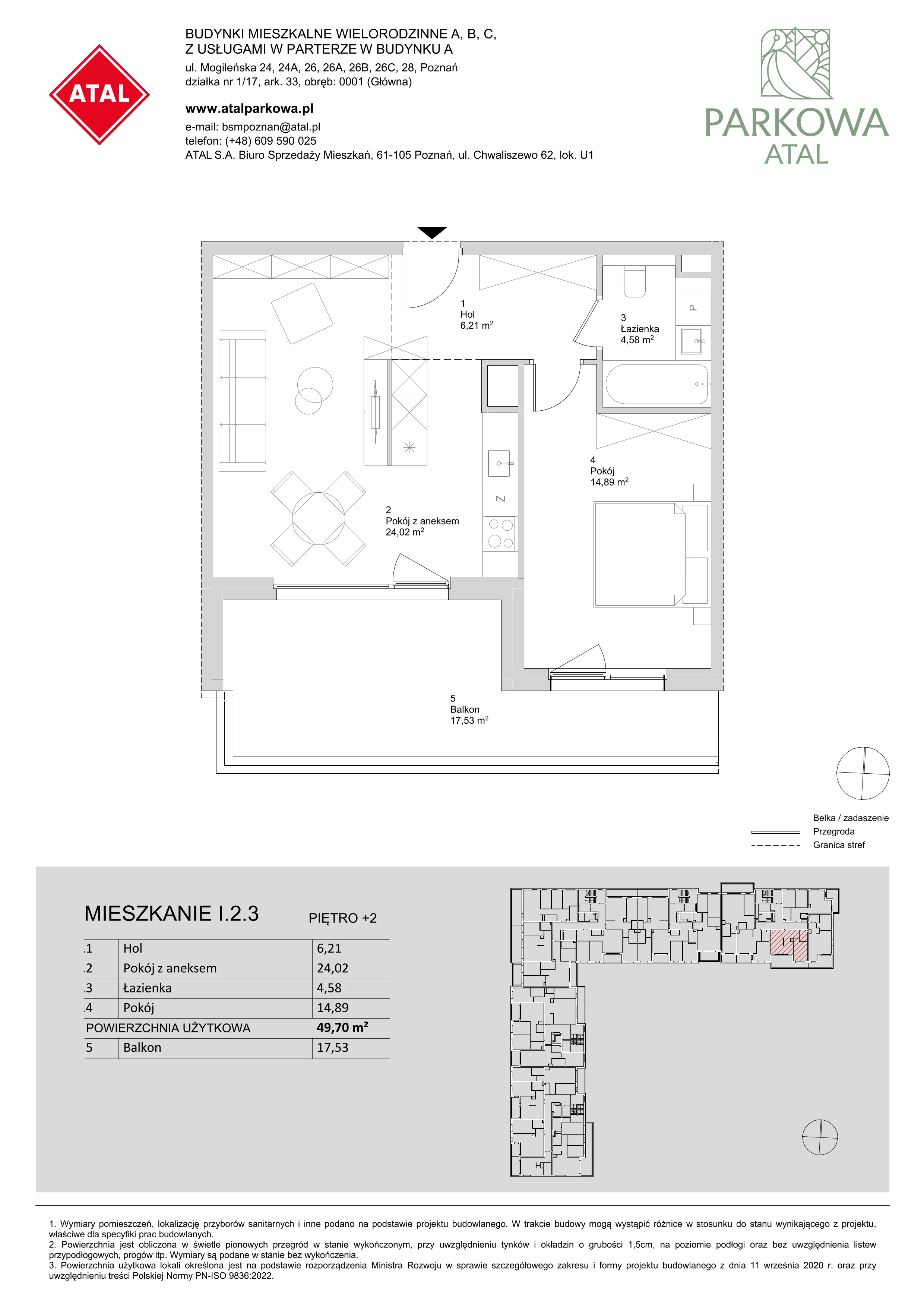 2 pokoje, mieszkanie 49,70 m², piętro 2, oferta nr I.2.3, ATAL Parkowa, Poznań, Nowe Miasto, Osiedle Warszawskie, ul. Mogileńska