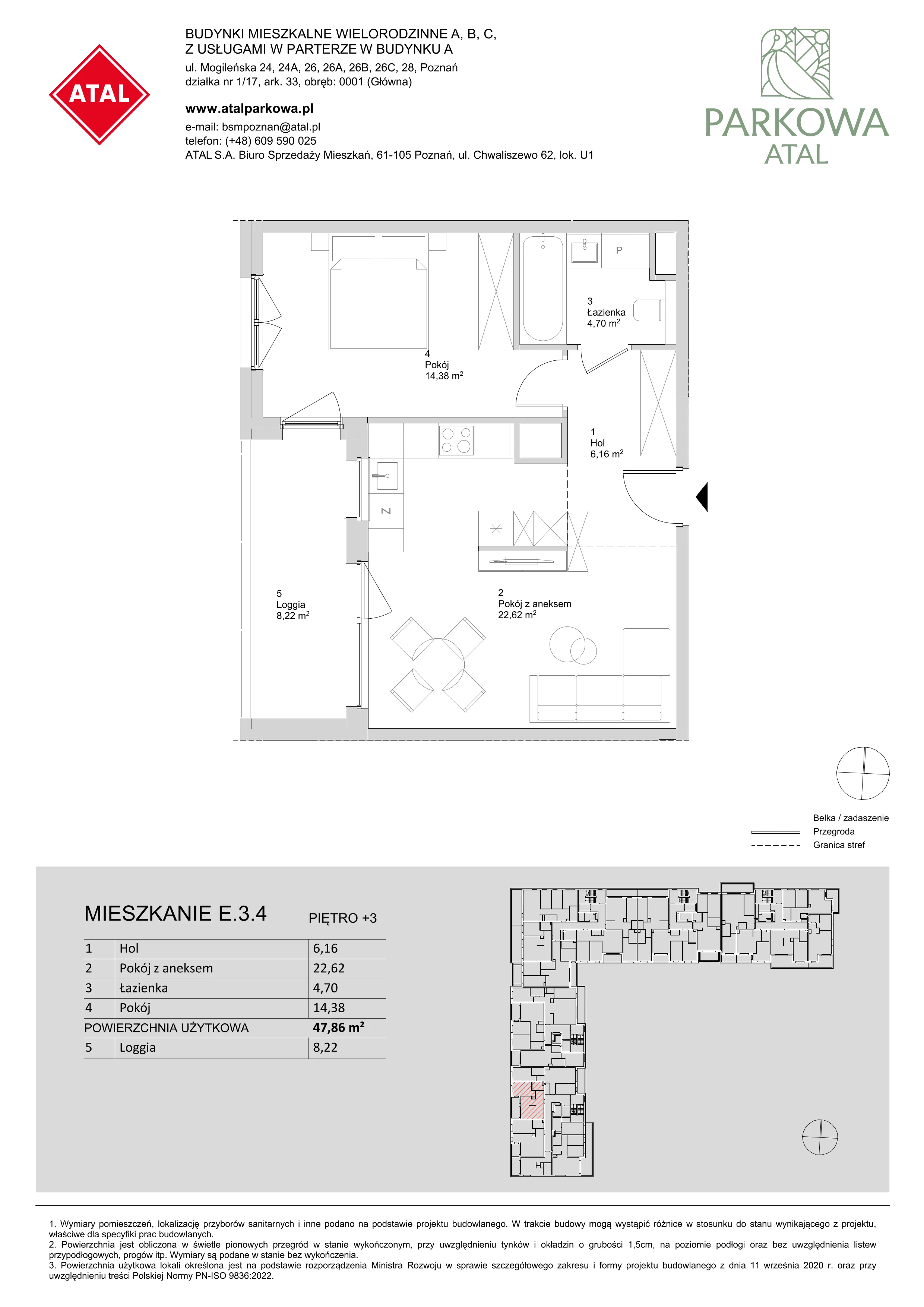 2 pokoje, mieszkanie 47,86 m², piętro 3, oferta nr E.3.4, ATAL Parkowa, Poznań, Nowe Miasto, Osiedle Warszawskie, ul. Mogileńska