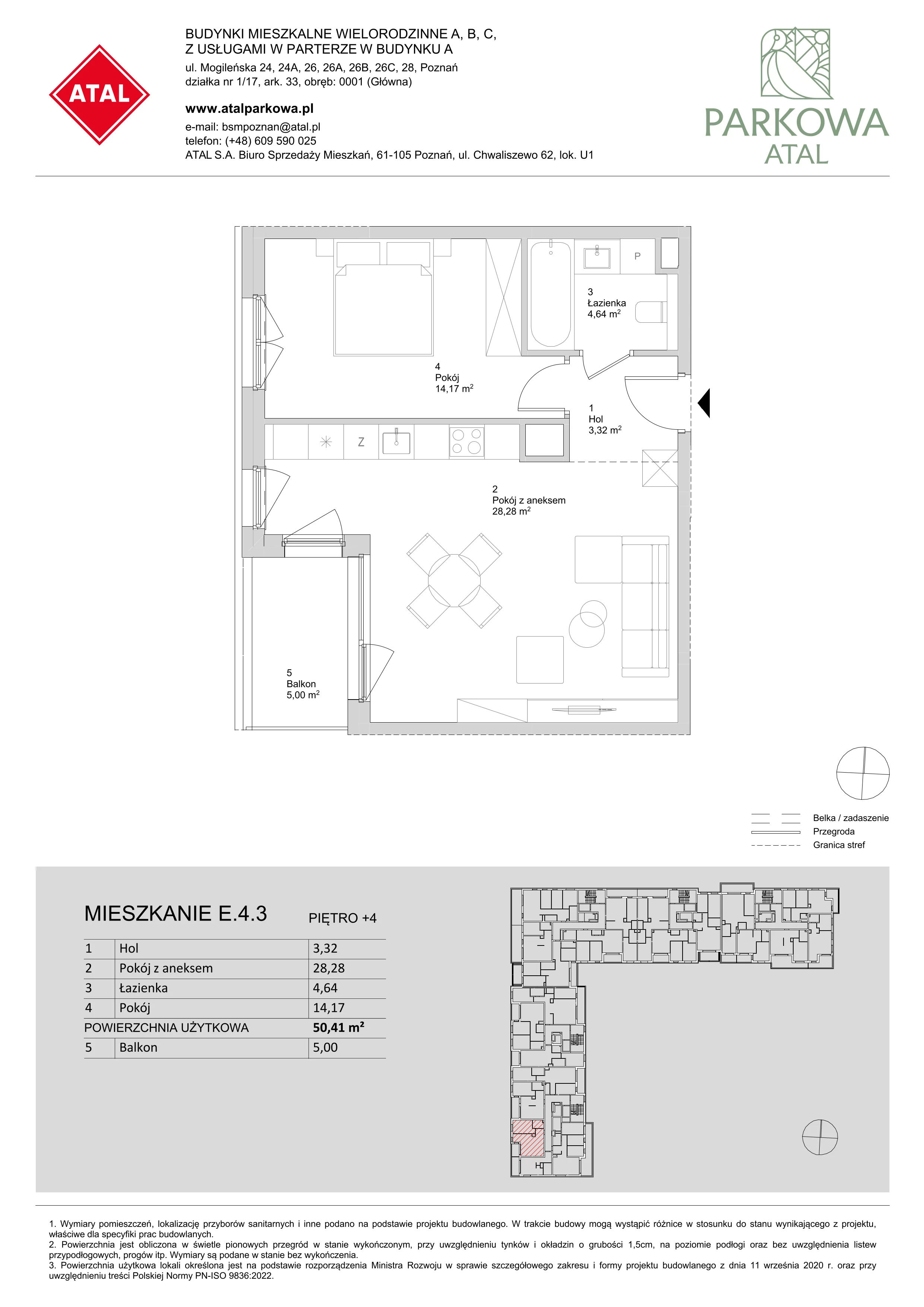 2 pokoje, mieszkanie 50,41 m², piętro 4, oferta nr E.4.3, ATAL Parkowa, Poznań, Nowe Miasto, Osiedle Warszawskie, ul. Mogileńska