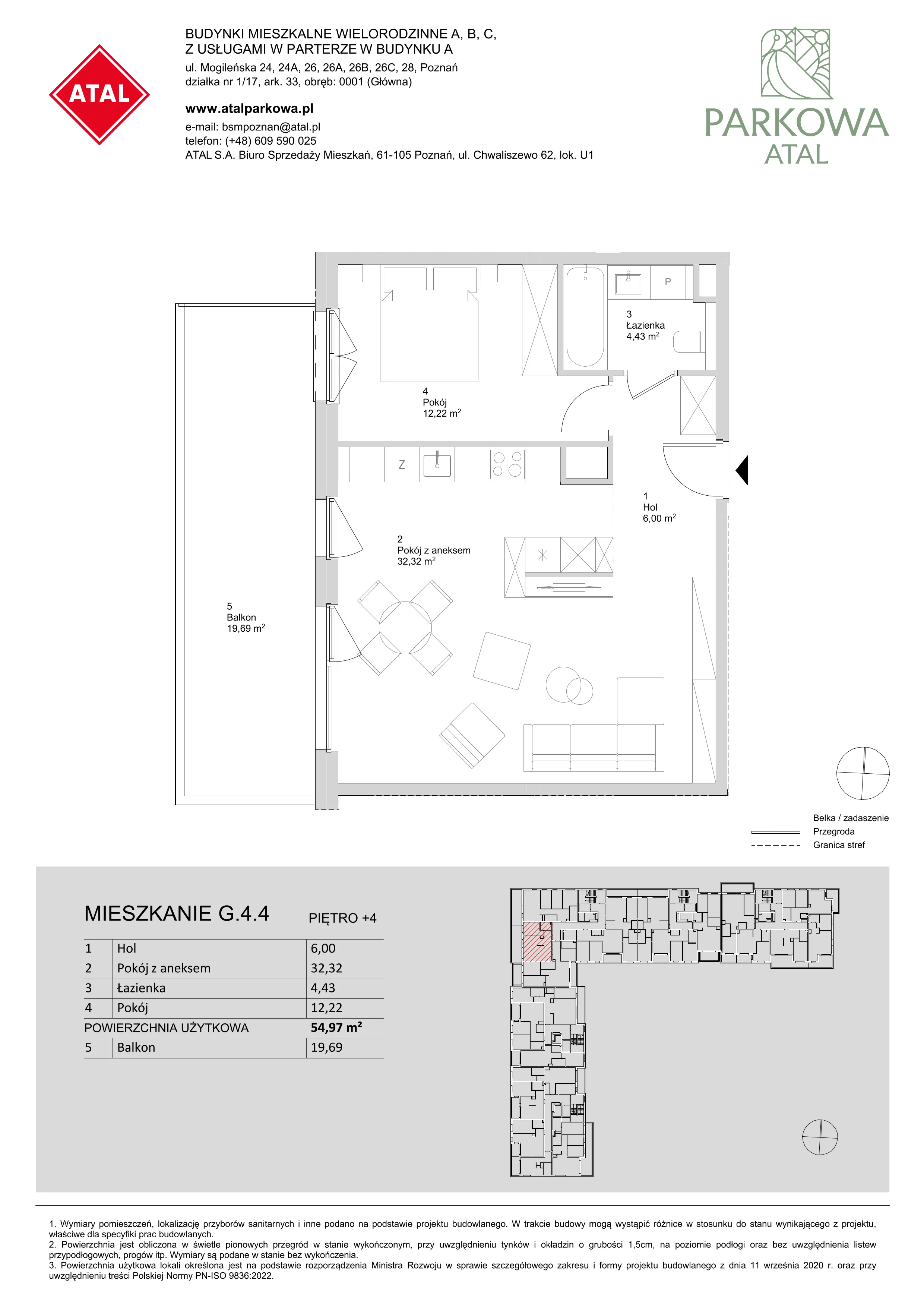 2 pokoje, mieszkanie 54,97 m², piętro 4, oferta nr G.4.4, ATAL Parkowa, Poznań, Nowe Miasto, Osiedle Warszawskie, ul. Mogileńska