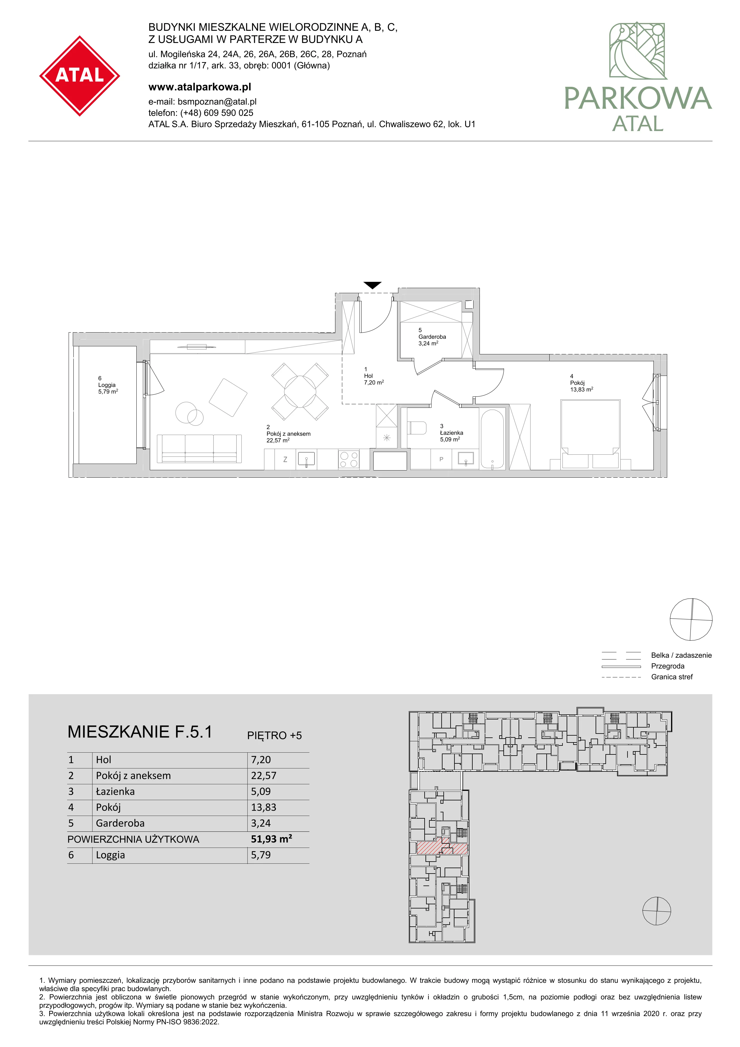 2 pokoje, mieszkanie 51,93 m², piętro 5, oferta nr F.5.1, ATAL Parkowa, Poznań, Nowe Miasto, Osiedle Warszawskie, ul. Mogileńska