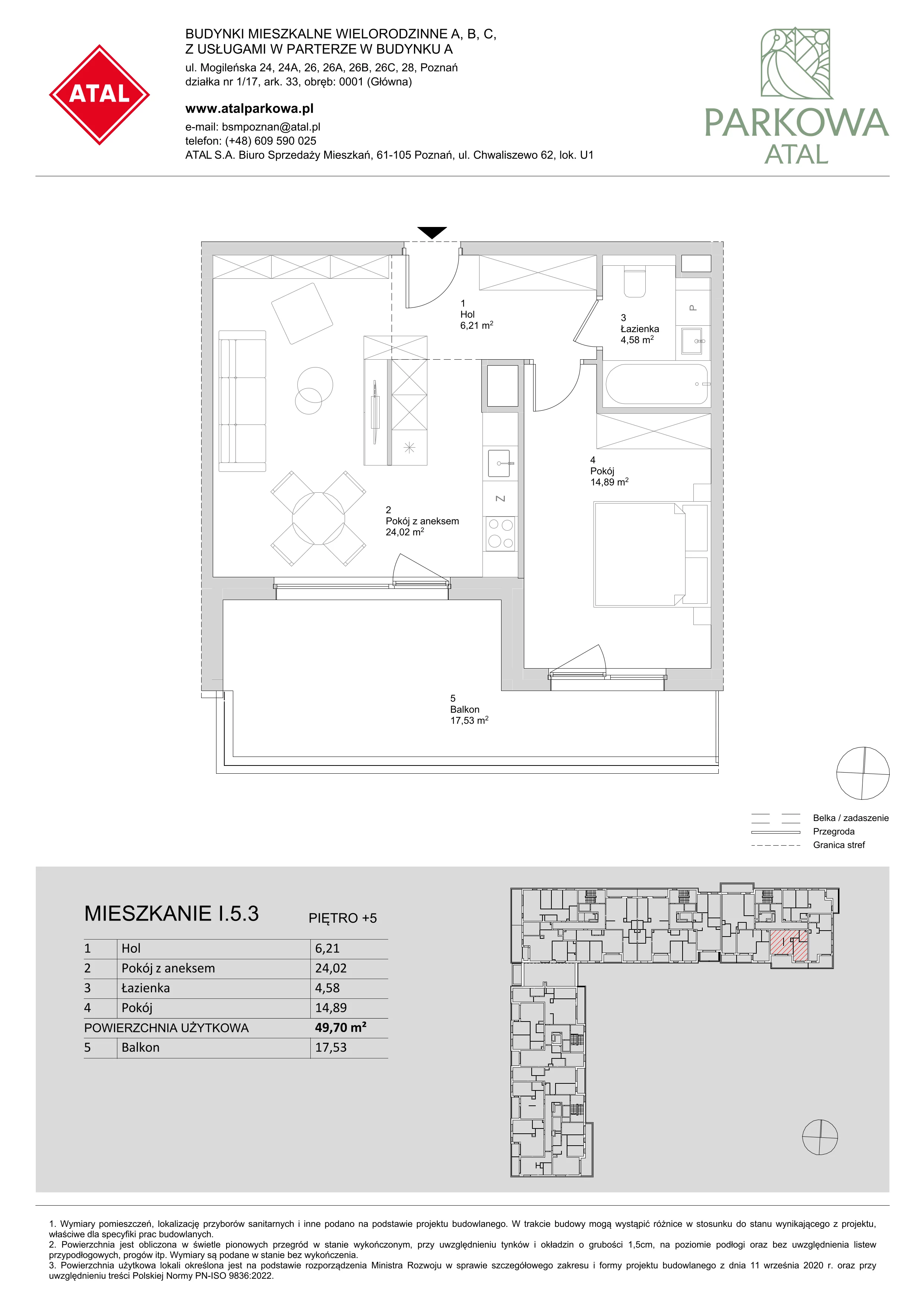 2 pokoje, mieszkanie 49,70 m², piętro 5, oferta nr I.5.3, ATAL Parkowa, Poznań, Nowe Miasto, Osiedle Warszawskie, ul. Mogileńska