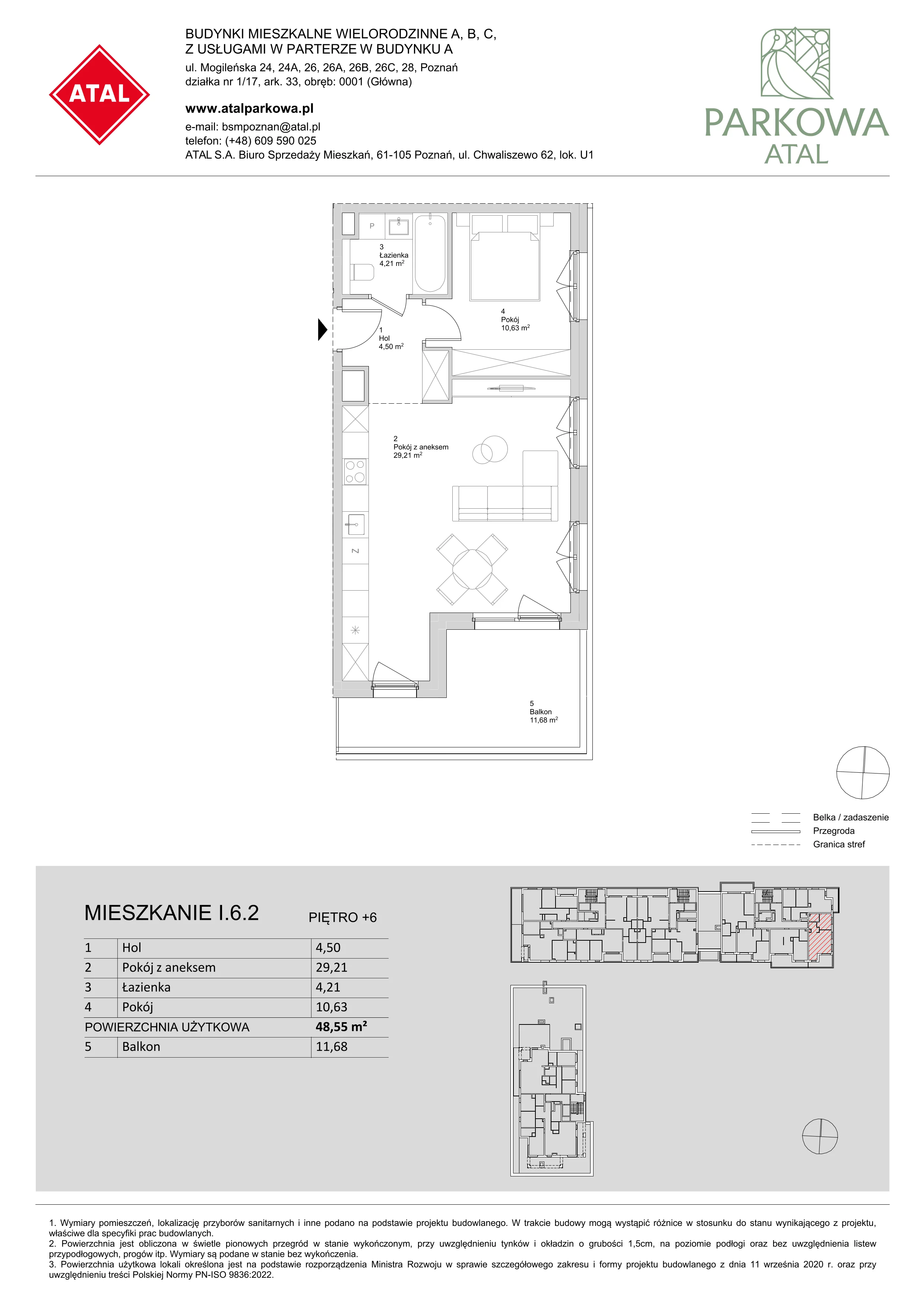 2 pokoje, mieszkanie 48,55 m², piętro 6, oferta nr I.6.2, ATAL Parkowa, Poznań, Nowe Miasto, Osiedle Warszawskie, ul. Mogileńska