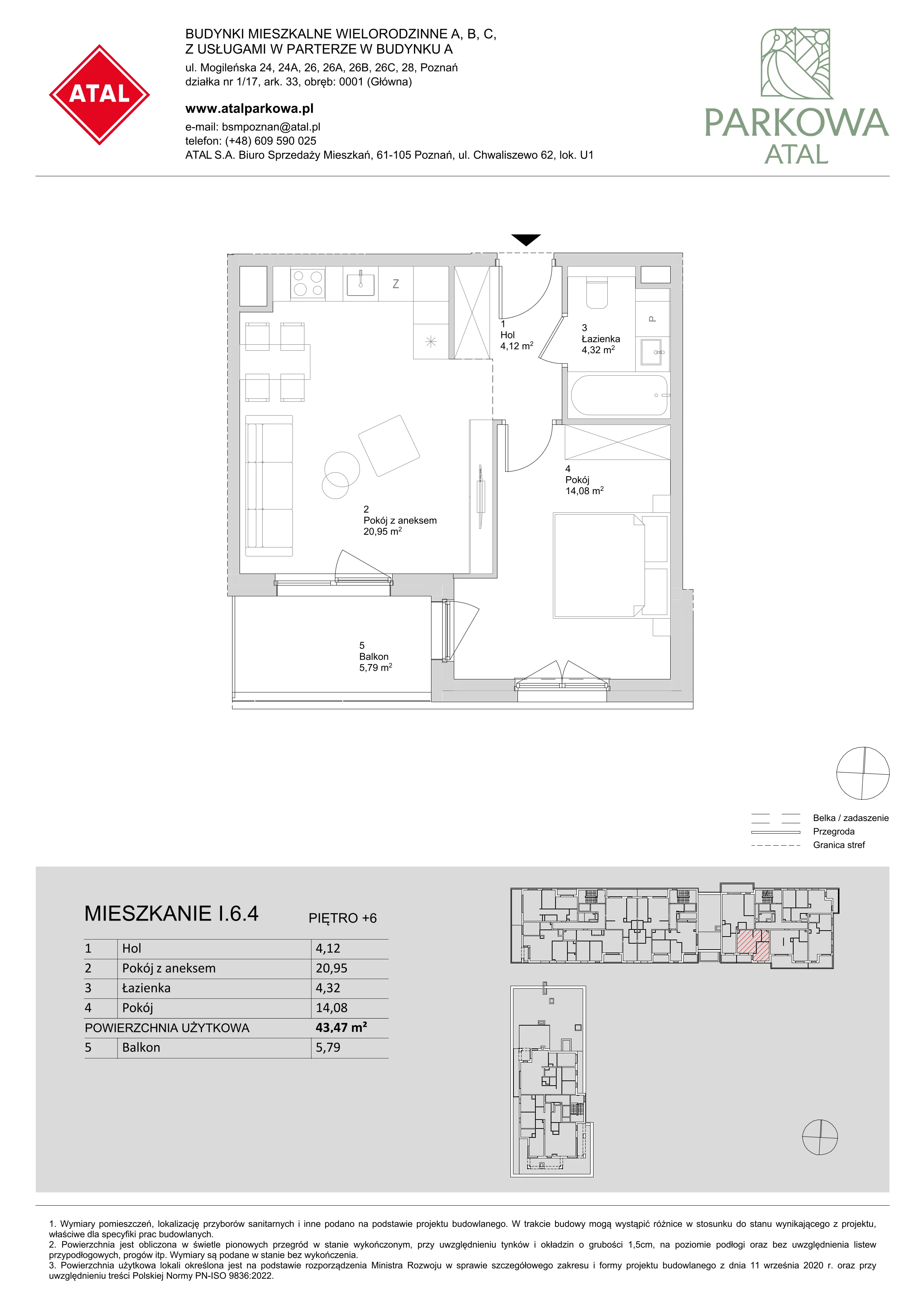 2 pokoje, mieszkanie 43,47 m², piętro 6, oferta nr I.6.4, ATAL Parkowa, Poznań, Nowe Miasto, Osiedle Warszawskie, ul. Mogileńska