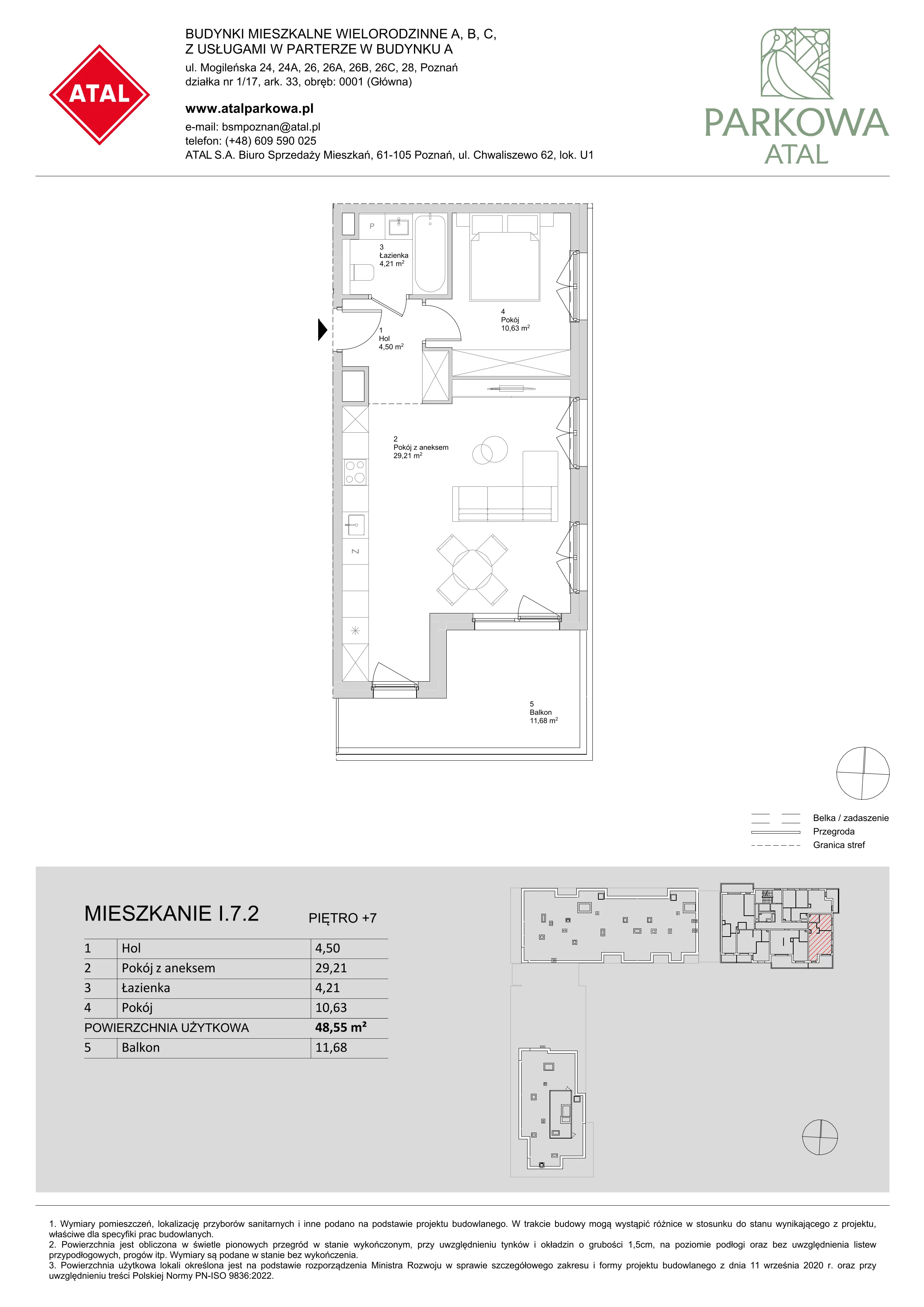 2 pokoje, mieszkanie 48,55 m², piętro 7, oferta nr I.7.2, ATAL Parkowa, Poznań, Nowe Miasto, Osiedle Warszawskie, ul. Mogileńska