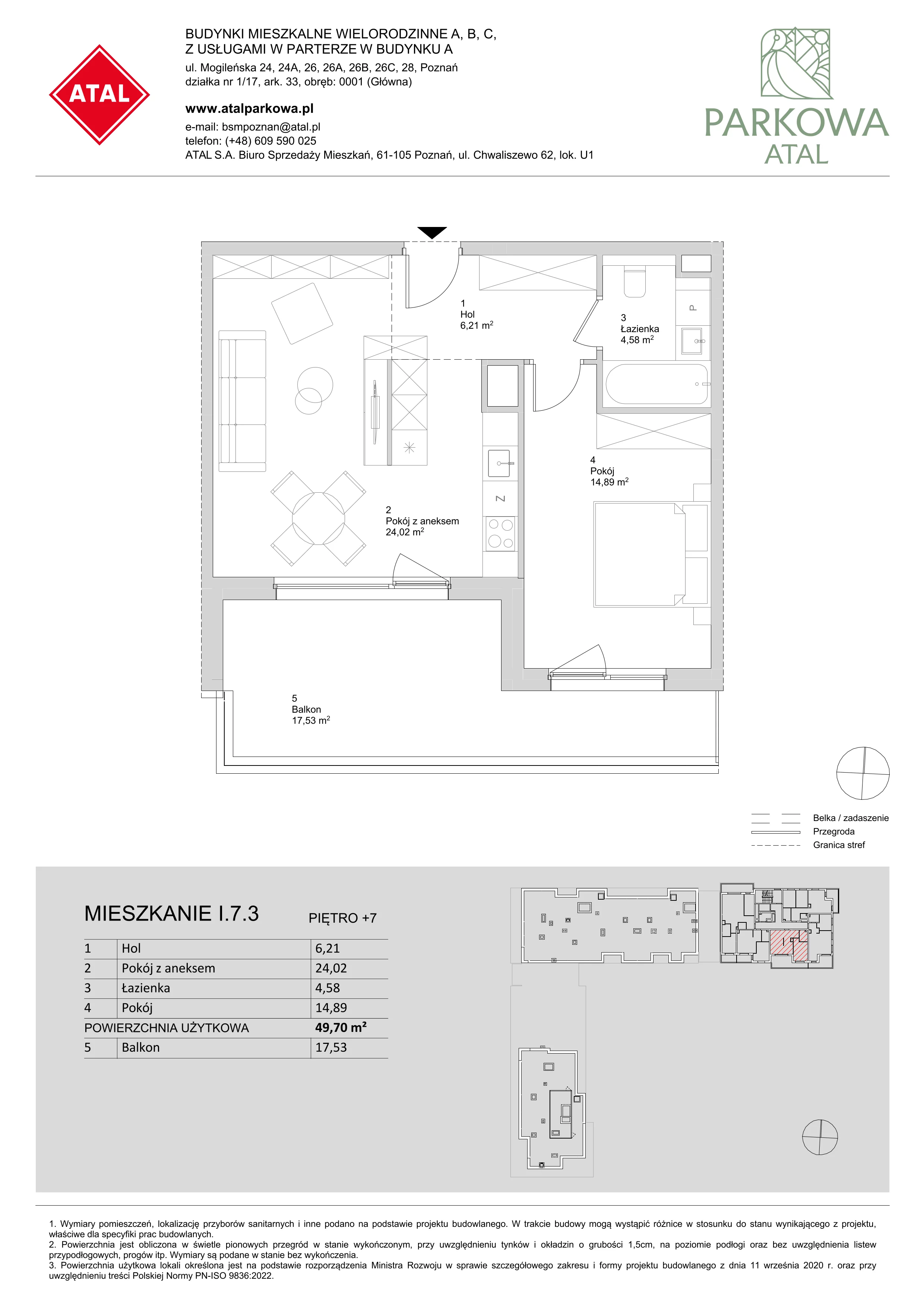 2 pokoje, mieszkanie 49,70 m², piętro 7, oferta nr I.7.3, ATAL Parkowa, Poznań, Nowe Miasto, Osiedle Warszawskie, ul. Mogileńska