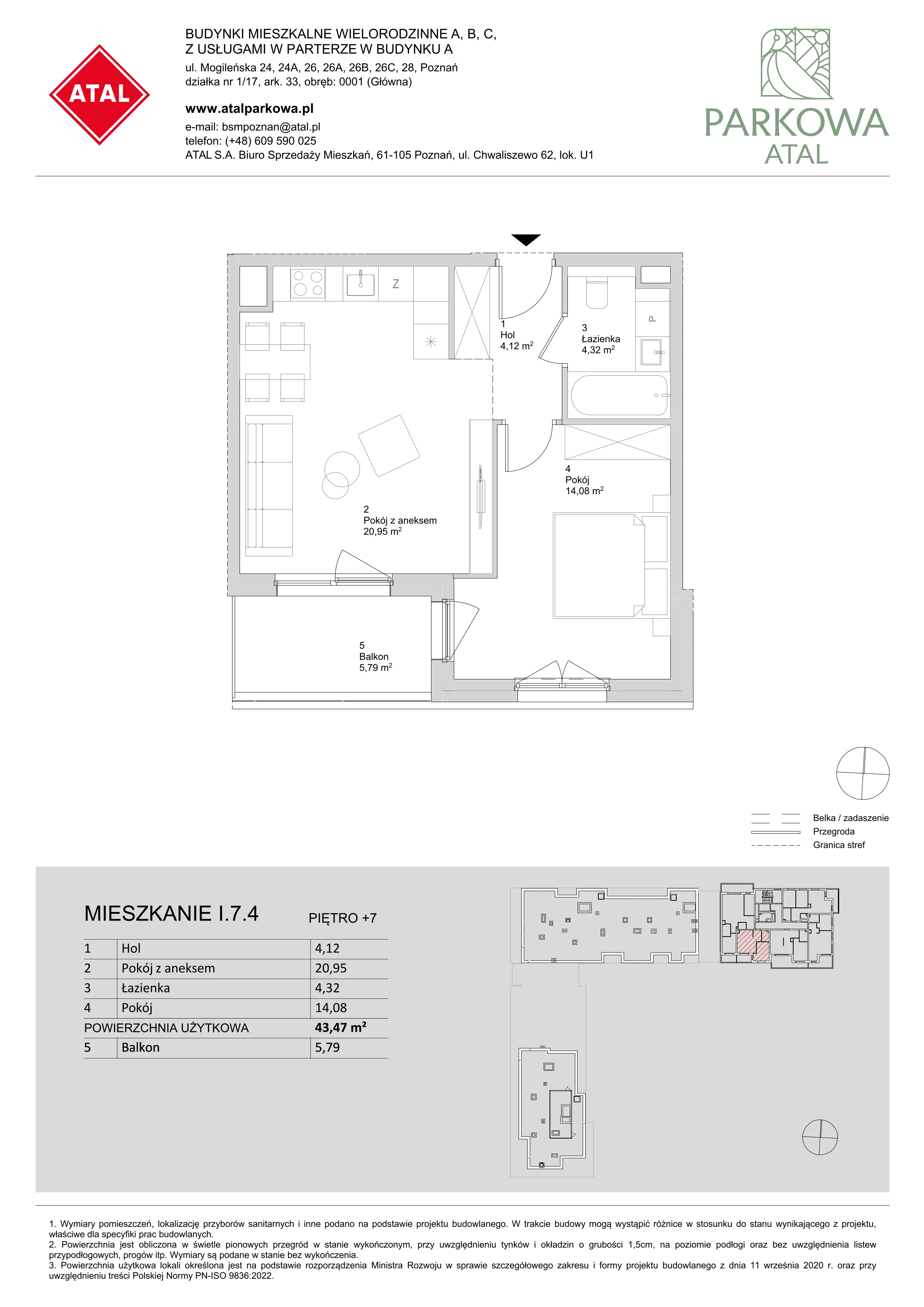 2 pokoje, mieszkanie 43,47 m², piętro 7, oferta nr I.7.4, ATAL Parkowa, Poznań, Nowe Miasto, Osiedle Warszawskie, ul. Mogileńska