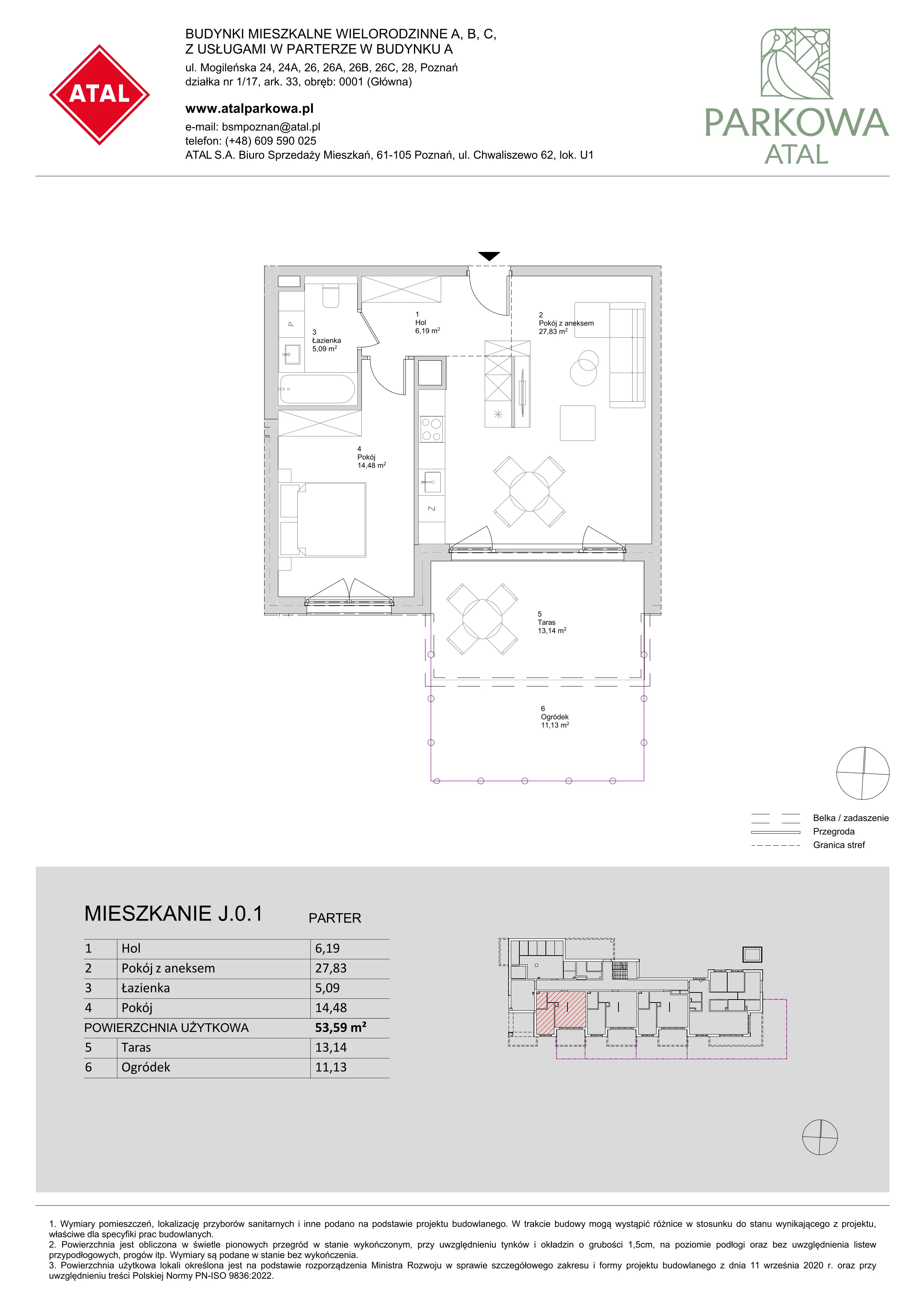 2 pokoje, mieszkanie 53,59 m², parter, oferta nr J.0.1, ATAL Parkowa, Poznań, Nowe Miasto, Osiedle Warszawskie, ul. Mogileńska