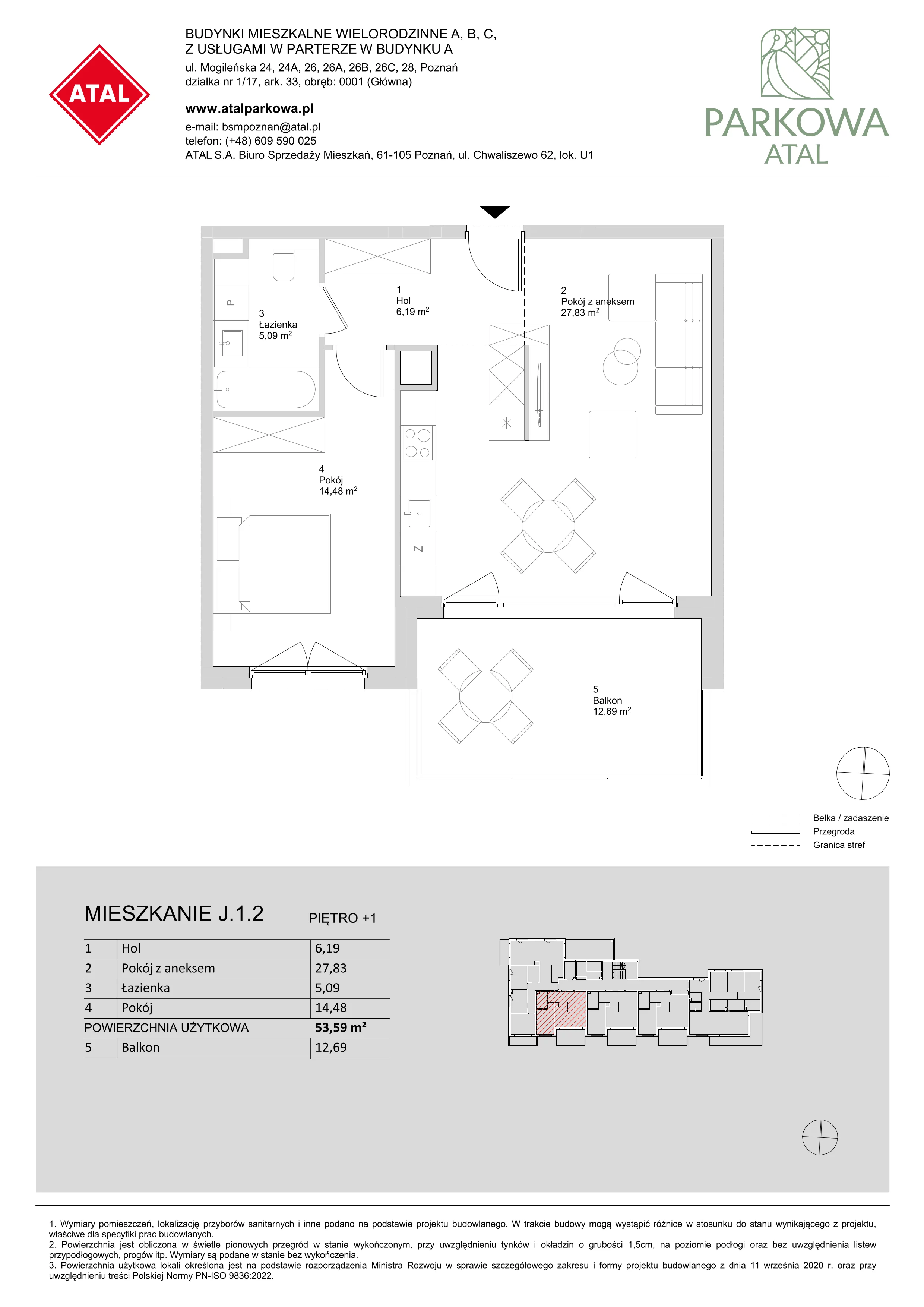 2 pokoje, mieszkanie 53,59 m², piętro 1, oferta nr J.1.2, ATAL Parkowa, Poznań, Nowe Miasto, Osiedle Warszawskie, ul. Mogileńska