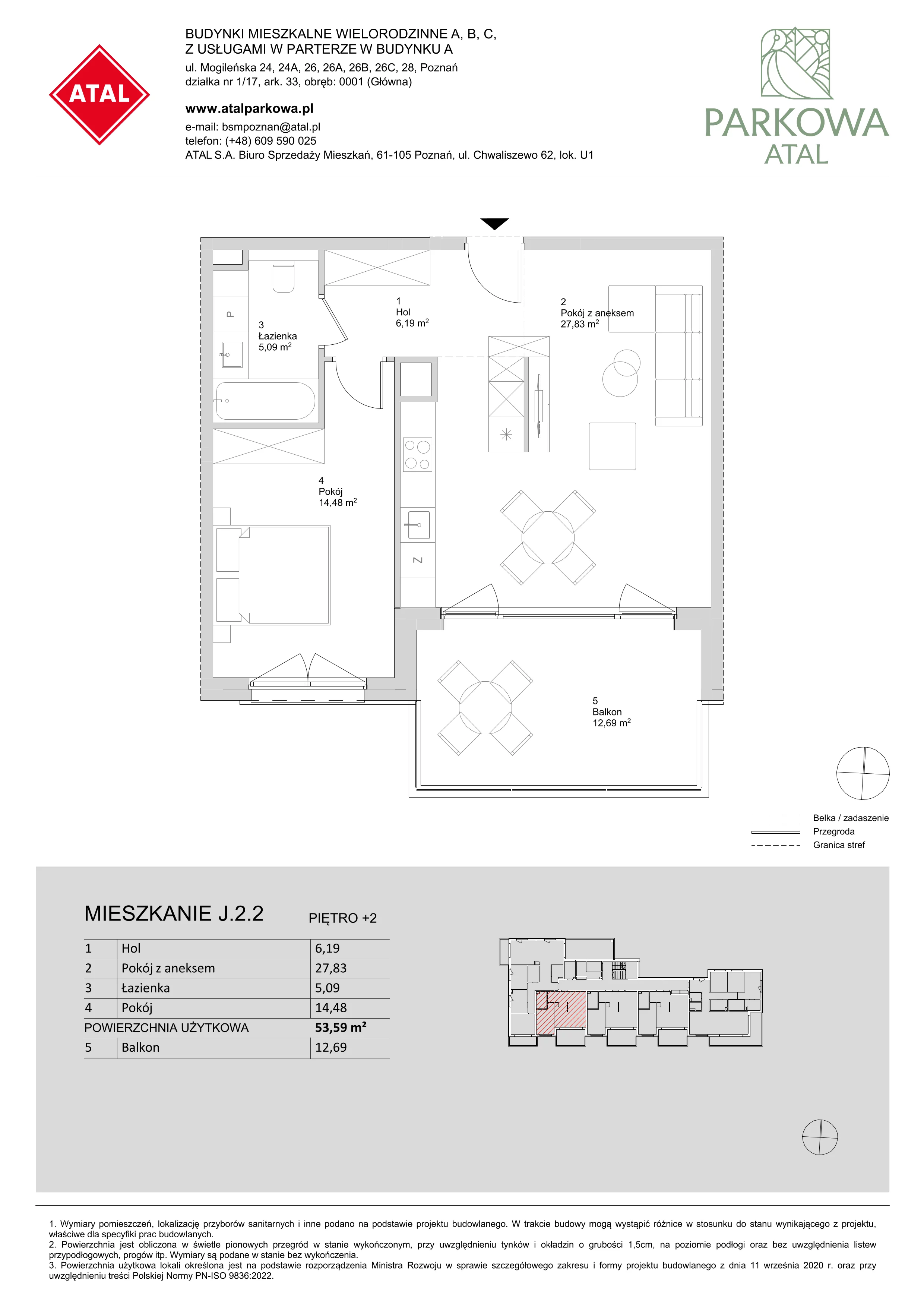 2 pokoje, mieszkanie 53,59 m², piętro 2, oferta nr J.2.2, ATAL Parkowa, Poznań, Nowe Miasto, Osiedle Warszawskie, ul. Mogileńska