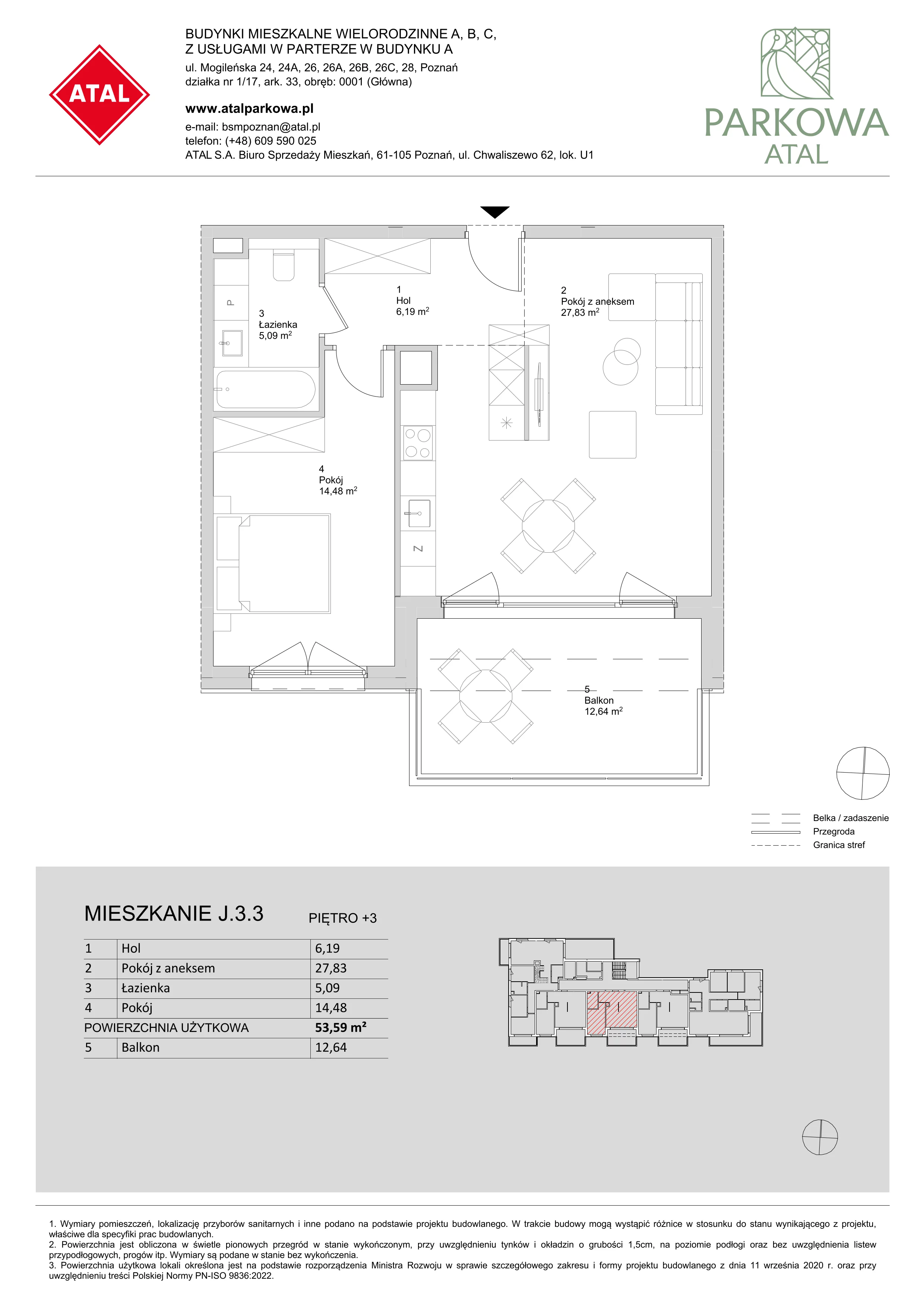 2 pokoje, mieszkanie 53,59 m², piętro 3, oferta nr J.3.3, ATAL Parkowa, Poznań, Nowe Miasto, Osiedle Warszawskie, ul. Mogileńska