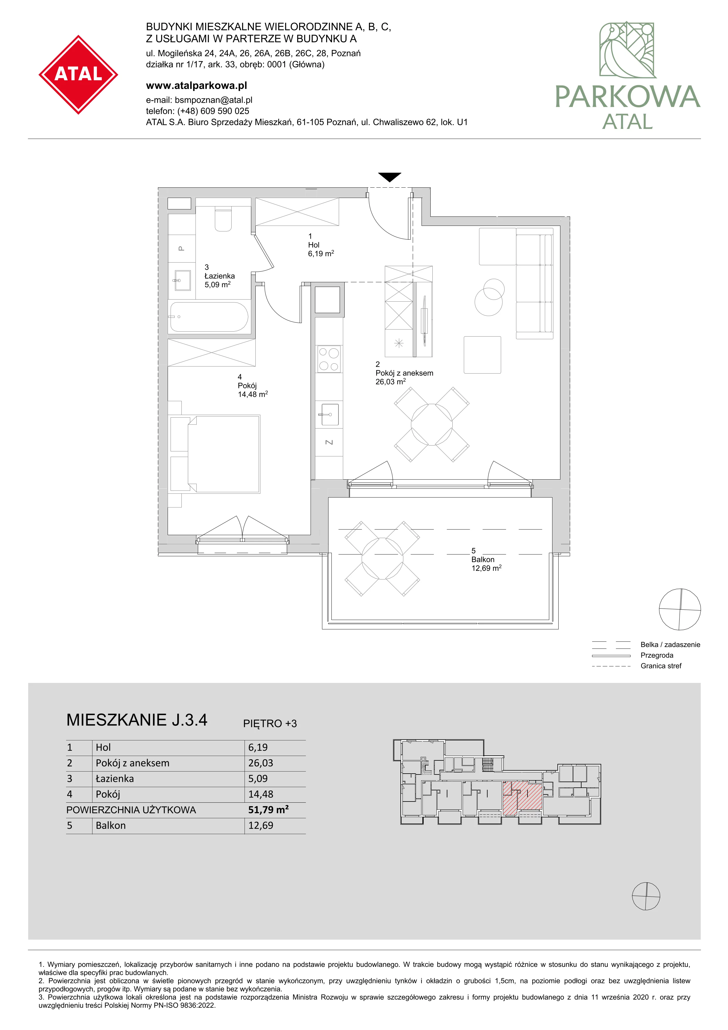 2 pokoje, mieszkanie 51,79 m², piętro 3, oferta nr J.3.4, ATAL Parkowa, Poznań, Nowe Miasto, Osiedle Warszawskie, ul. Mogileńska