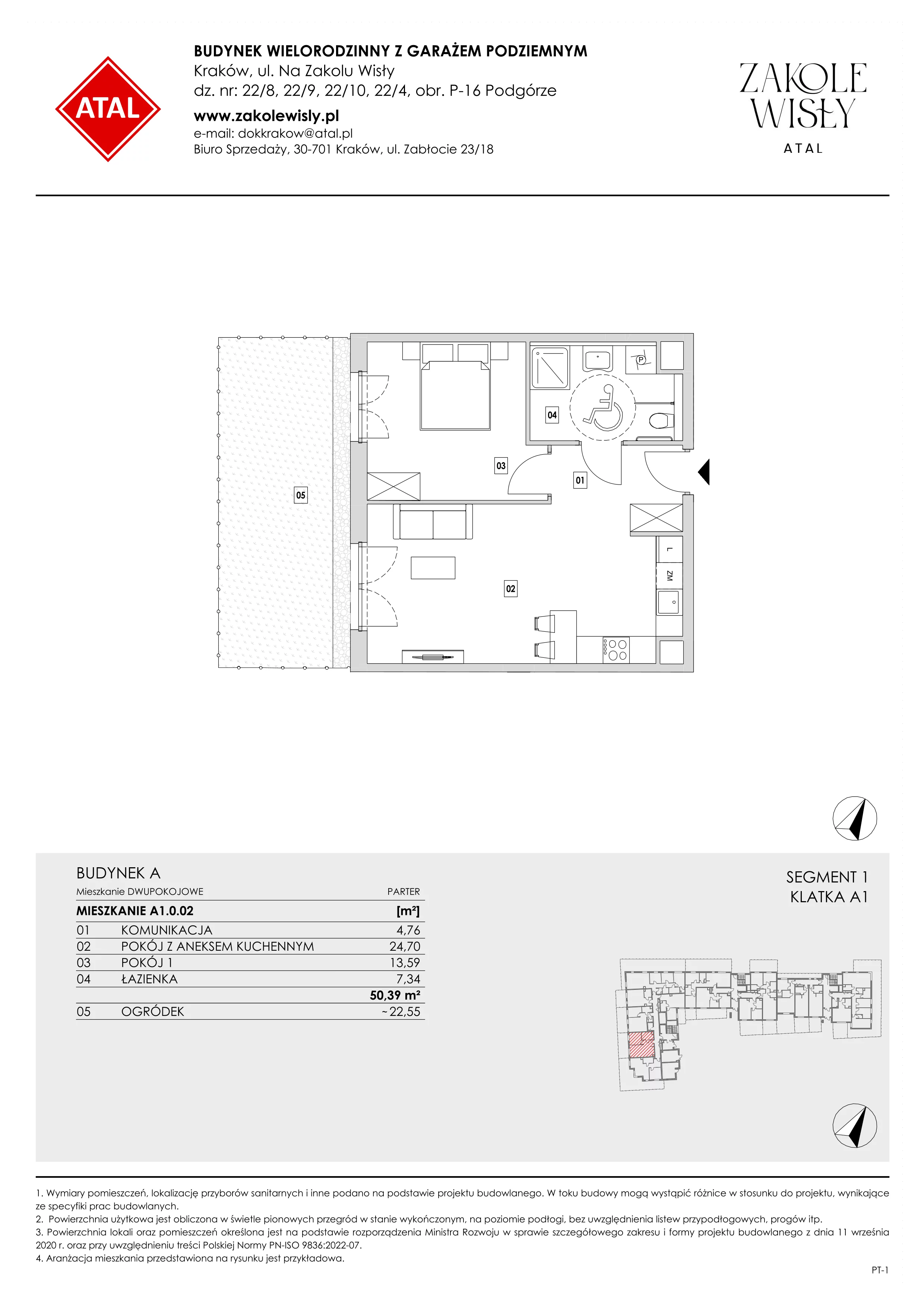 2 pokoje, mieszkanie 50,39 m², parter, oferta nr A1.0.02, Zakole Wisły, Kraków, Podgórze, ul. Na Zakolu Wisły