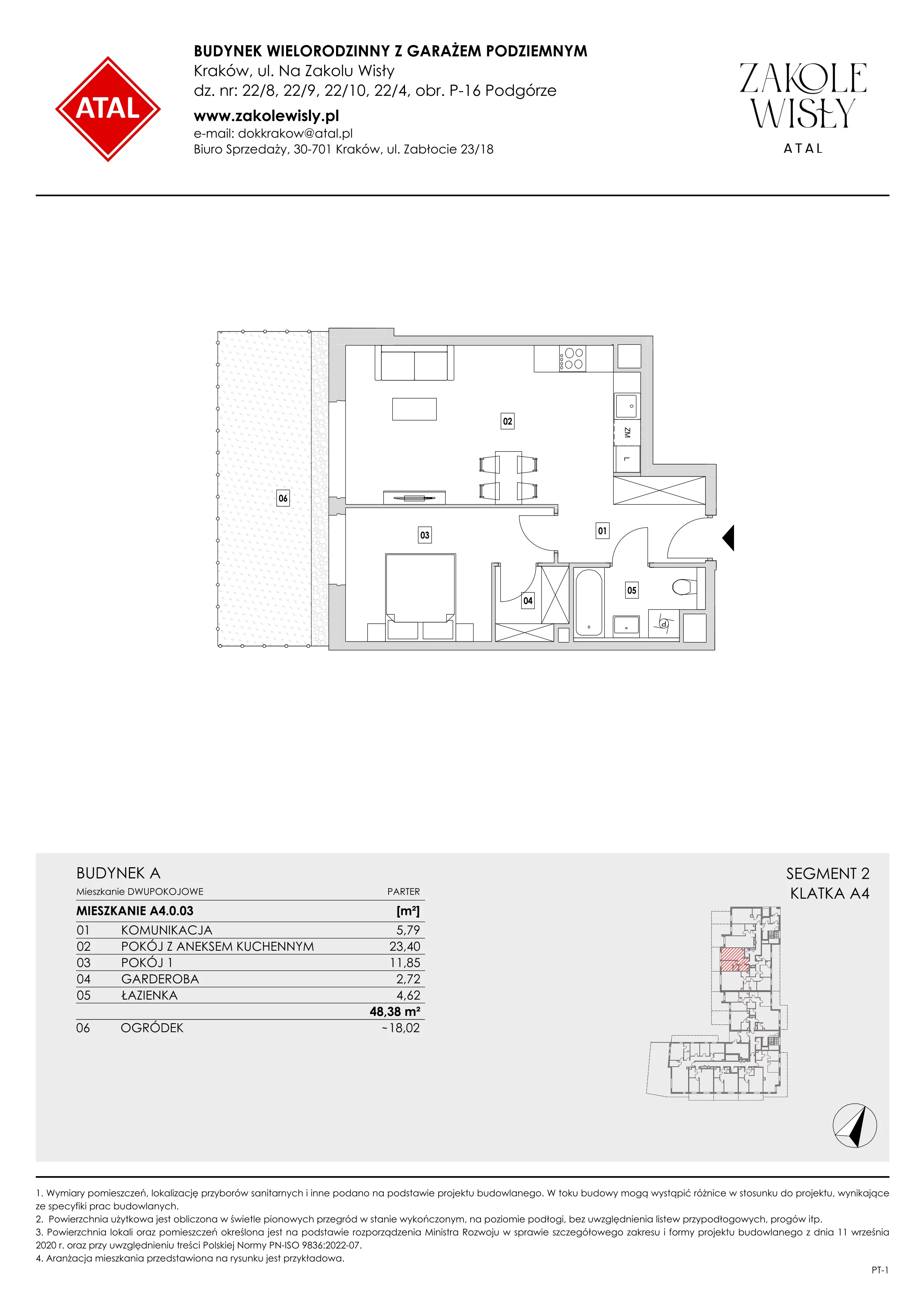 2 pokoje, mieszkanie 48,38 m², parter, oferta nr A4.0.03, Zakole Wisły, Kraków, Podgórze, ul. Na Zakolu Wisły