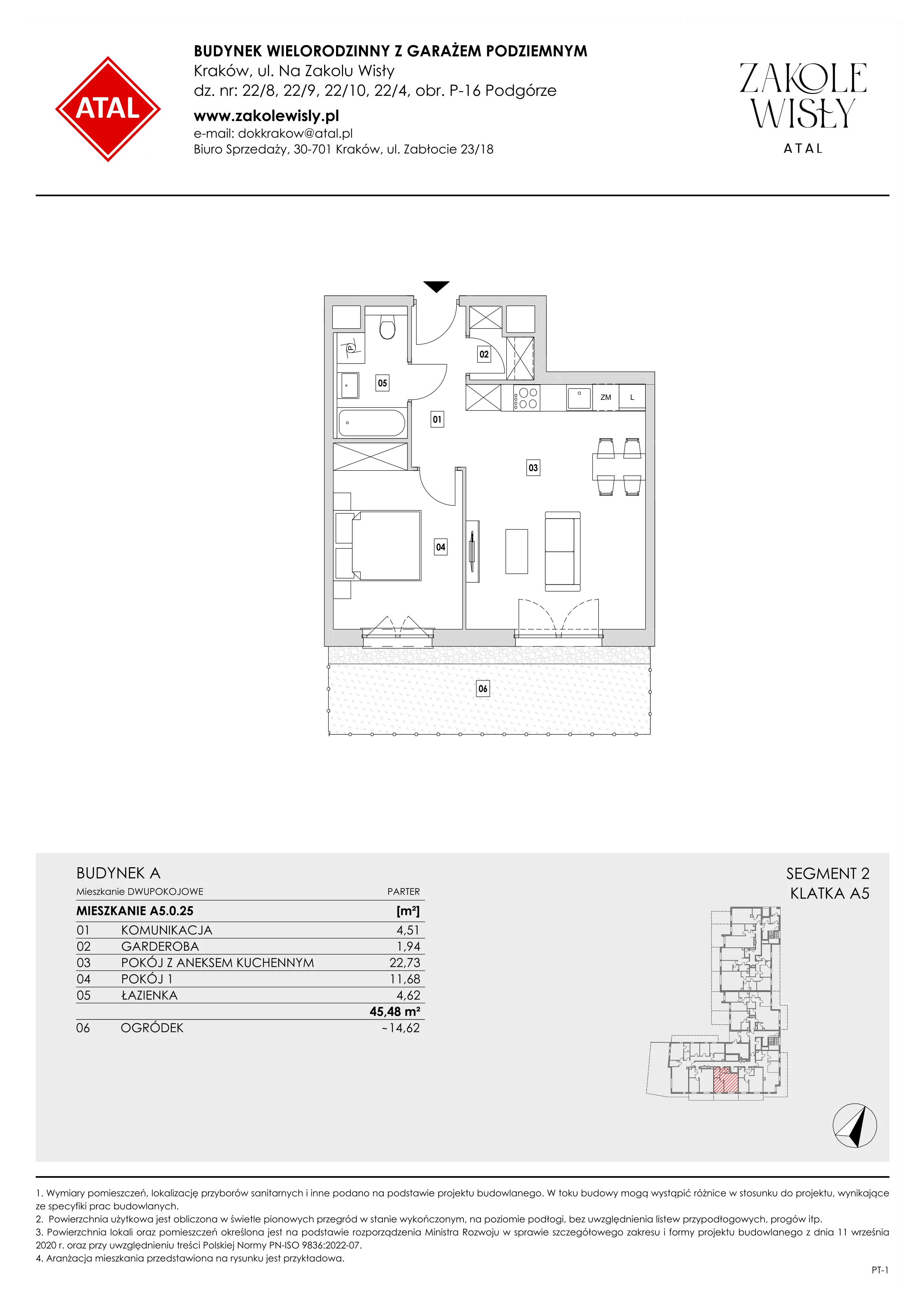 2 pokoje, mieszkanie 45,48 m², parter, oferta nr A5.0.25, Zakole Wisły, Kraków, Podgórze, ul. Na Zakolu Wisły