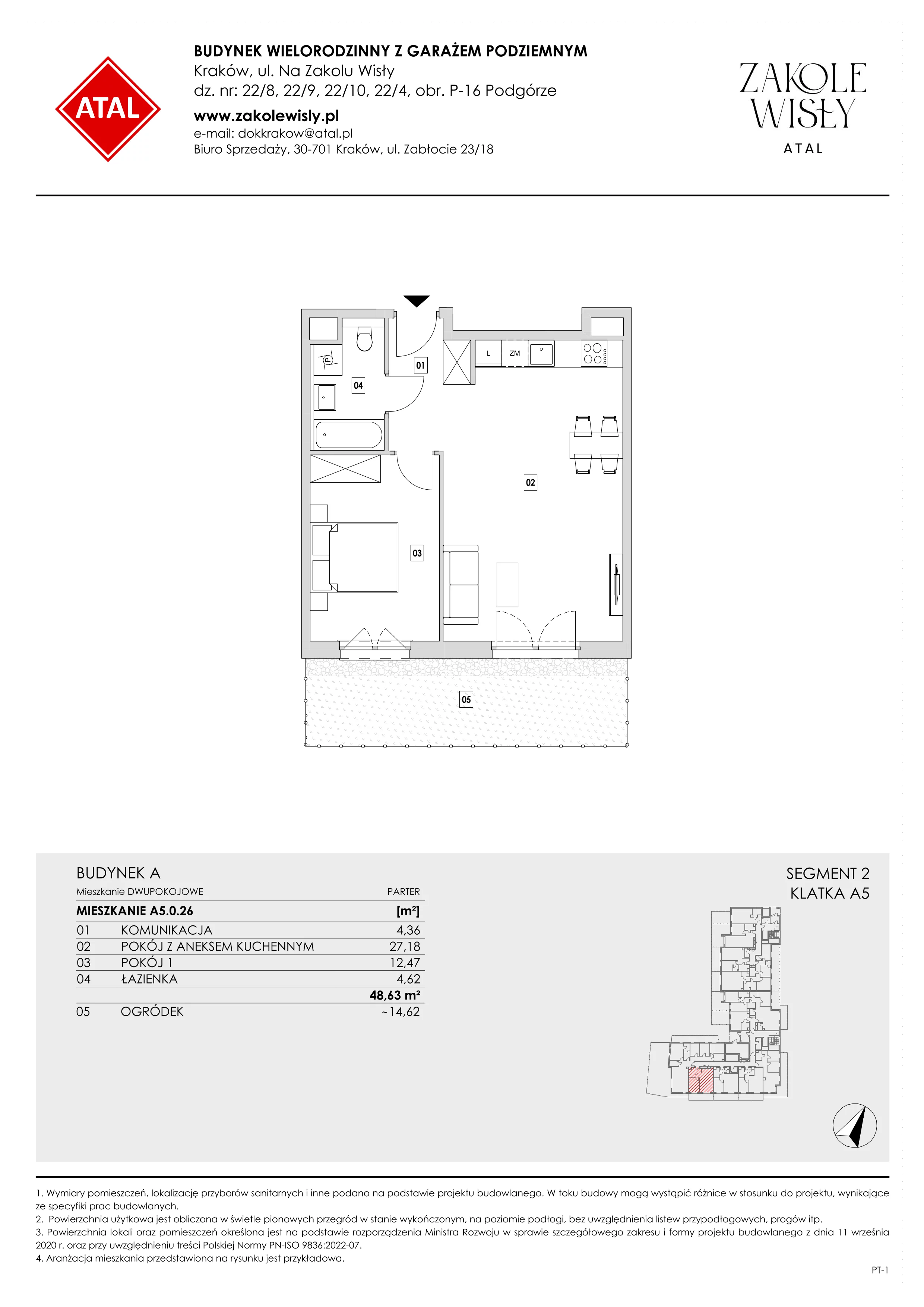 2 pokoje, mieszkanie 48,63 m², parter, oferta nr A5.0.26, Zakole Wisły, Kraków, Podgórze, ul. Na Zakolu Wisły