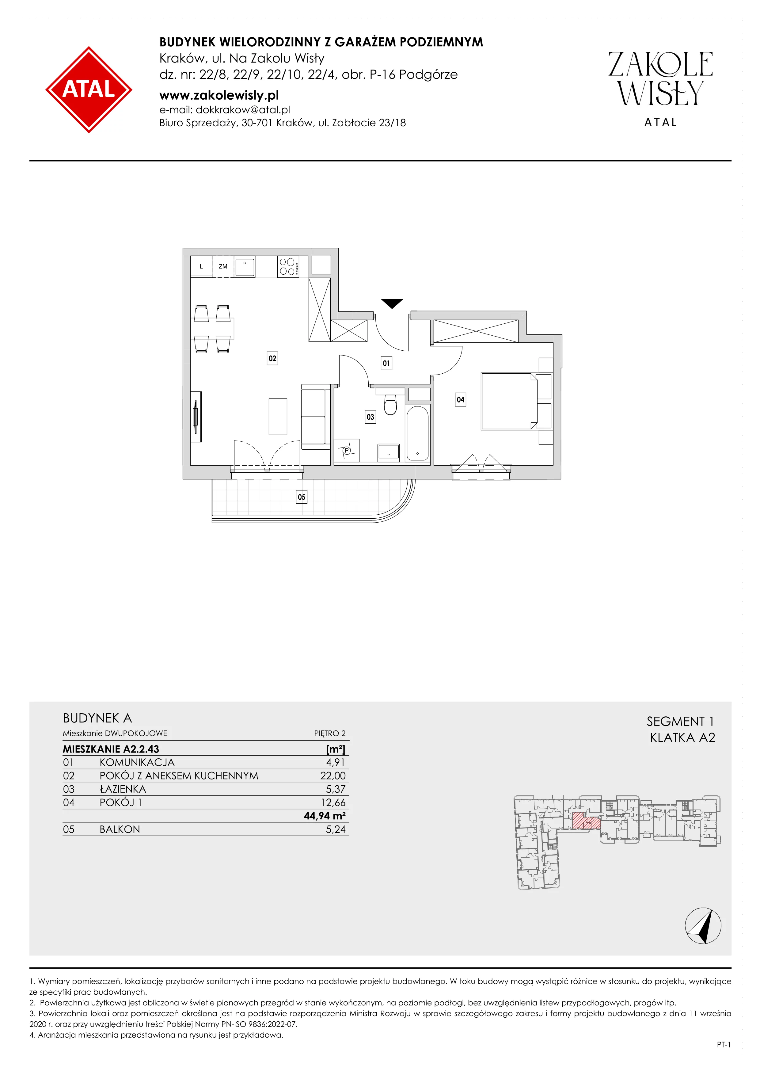 2 pokoje, mieszkanie 44,94 m², piętro 2, oferta nr A2.2.43, Zakole Wisły, Kraków, Podgórze, ul. Na Zakolu Wisły