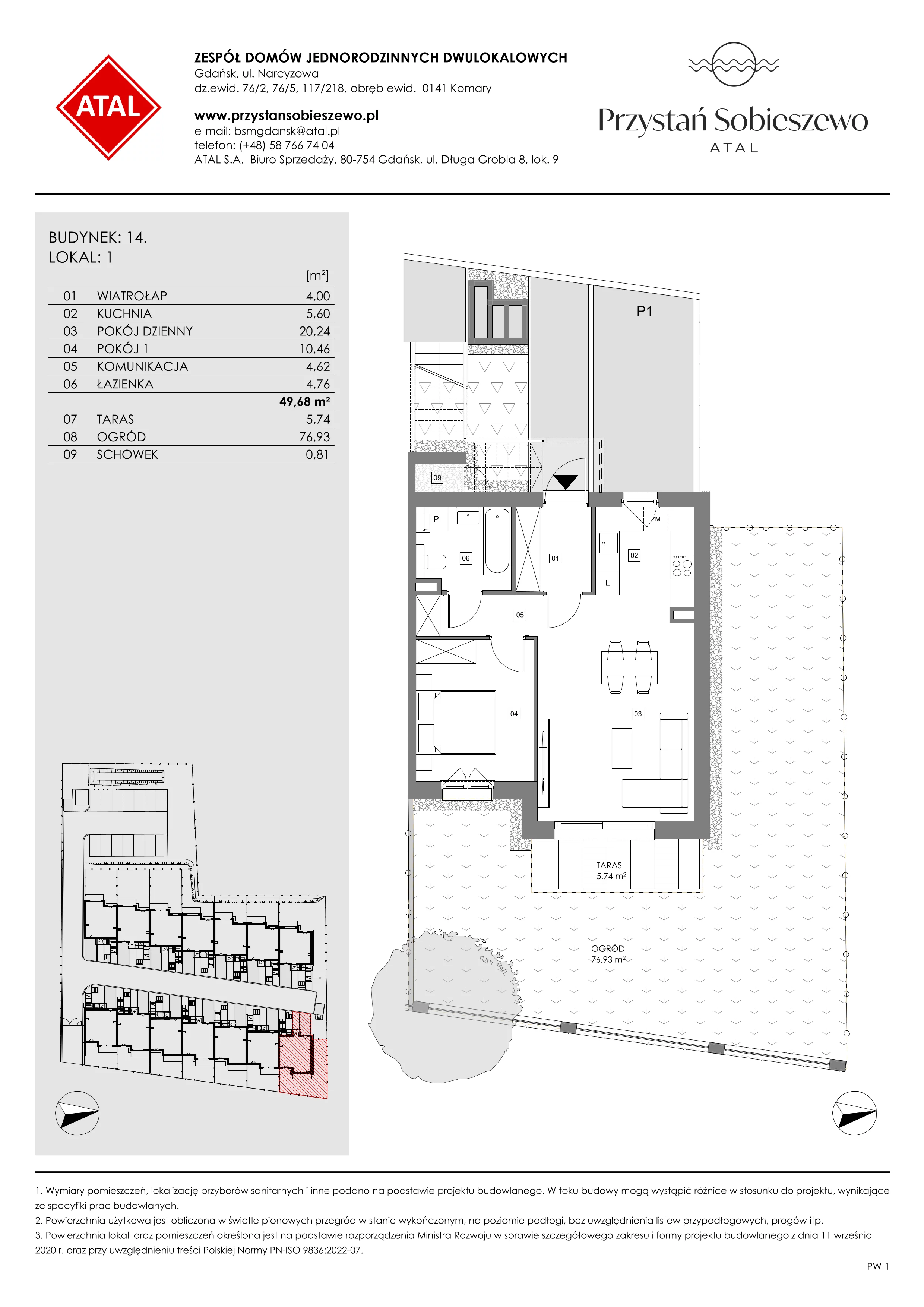 2 pokoje, mieszkanie 49,72 m², parter, oferta nr 14.1, Przystań Sobieszewo, Gdańsk, Wyspa Sobieszewska, ul. Narcyzowa