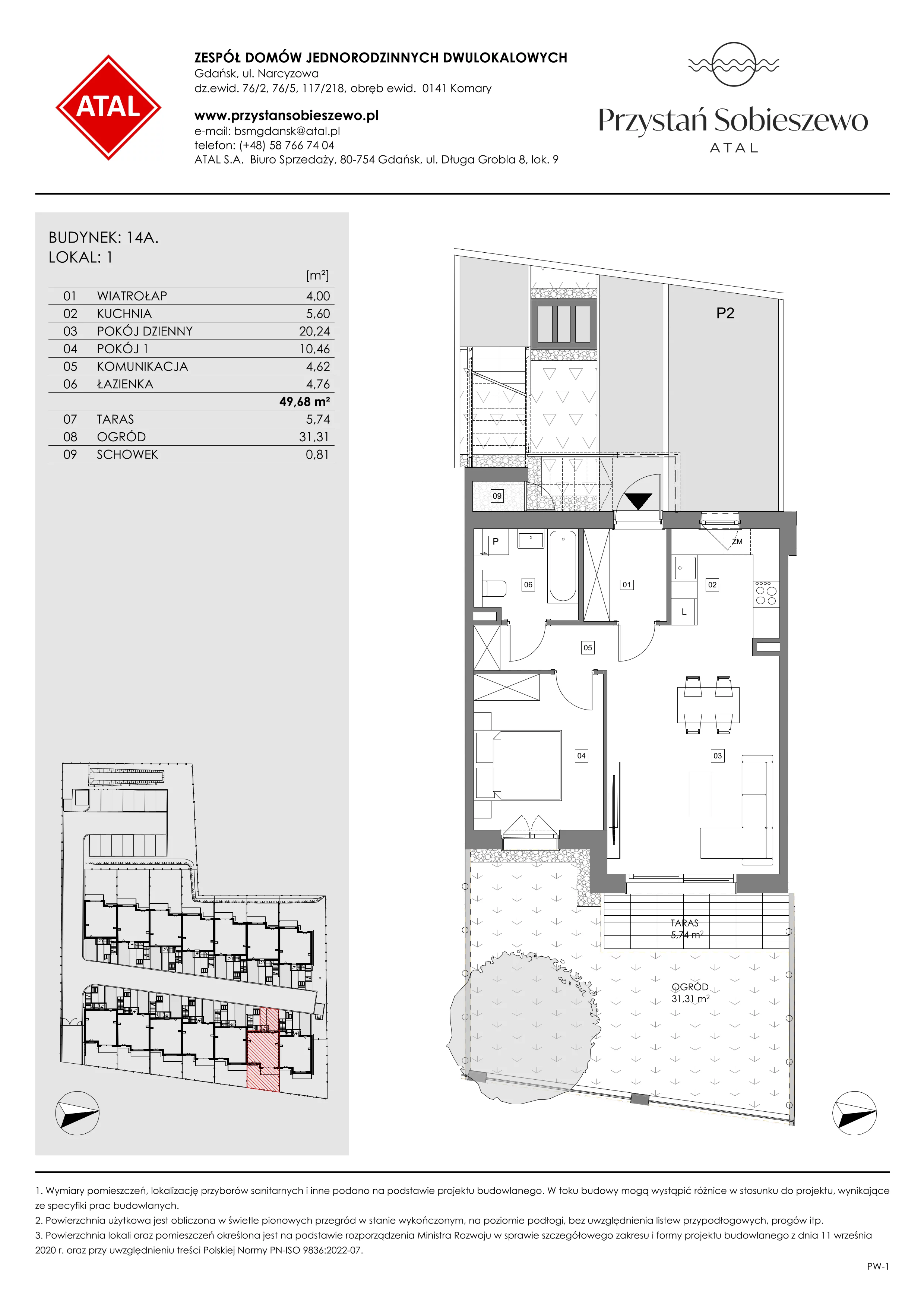 2 pokoje, mieszkanie 49,72 m², parter, oferta nr 14A.1, Przystań Sobieszewo, Gdańsk, Wyspa Sobieszewska, ul. Narcyzowa