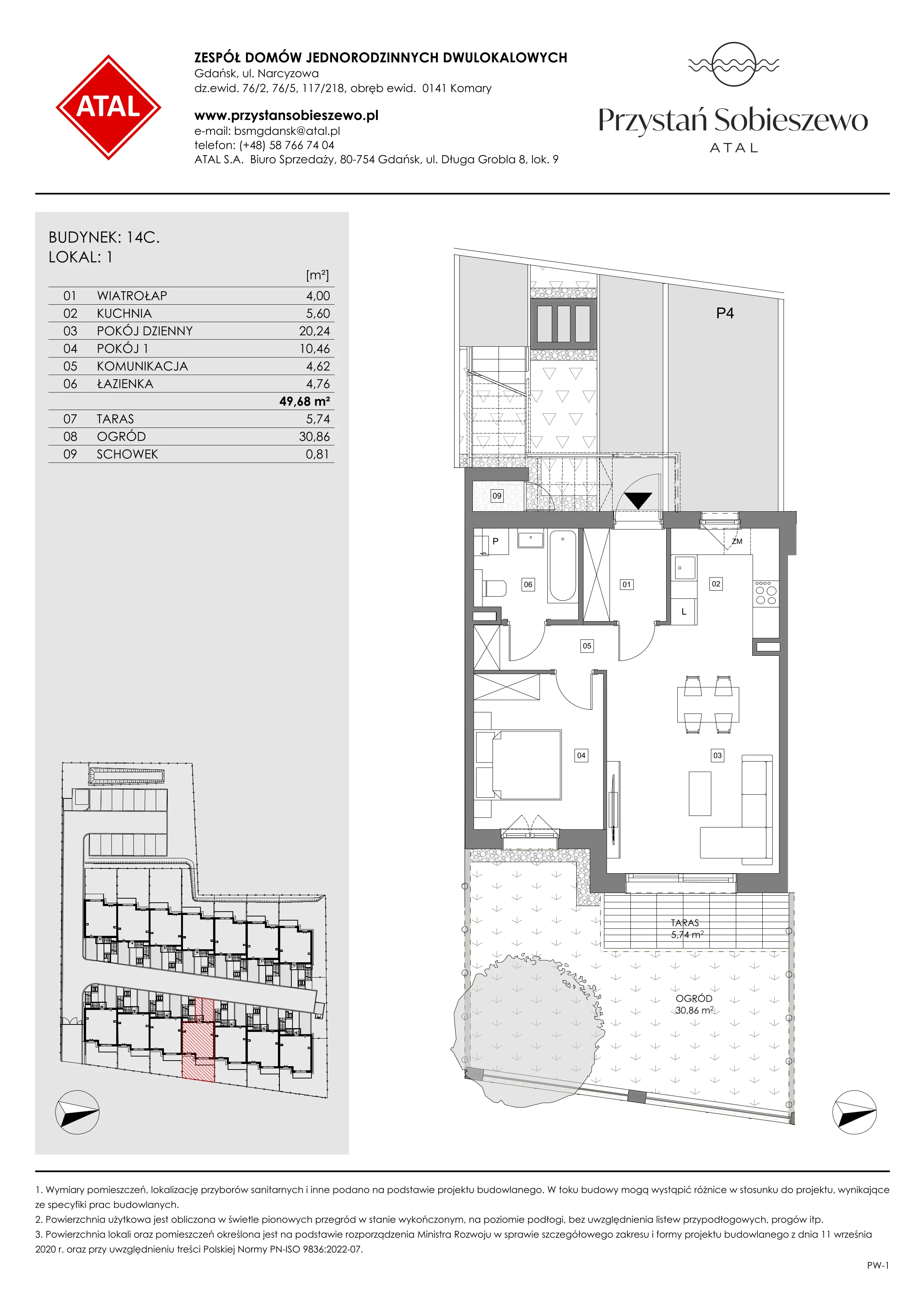 2 pokoje, mieszkanie 49,72 m², parter, oferta nr 14C.1, Przystań Sobieszewo, Gdańsk, Wyspa Sobieszewska, ul. Narcyzowa