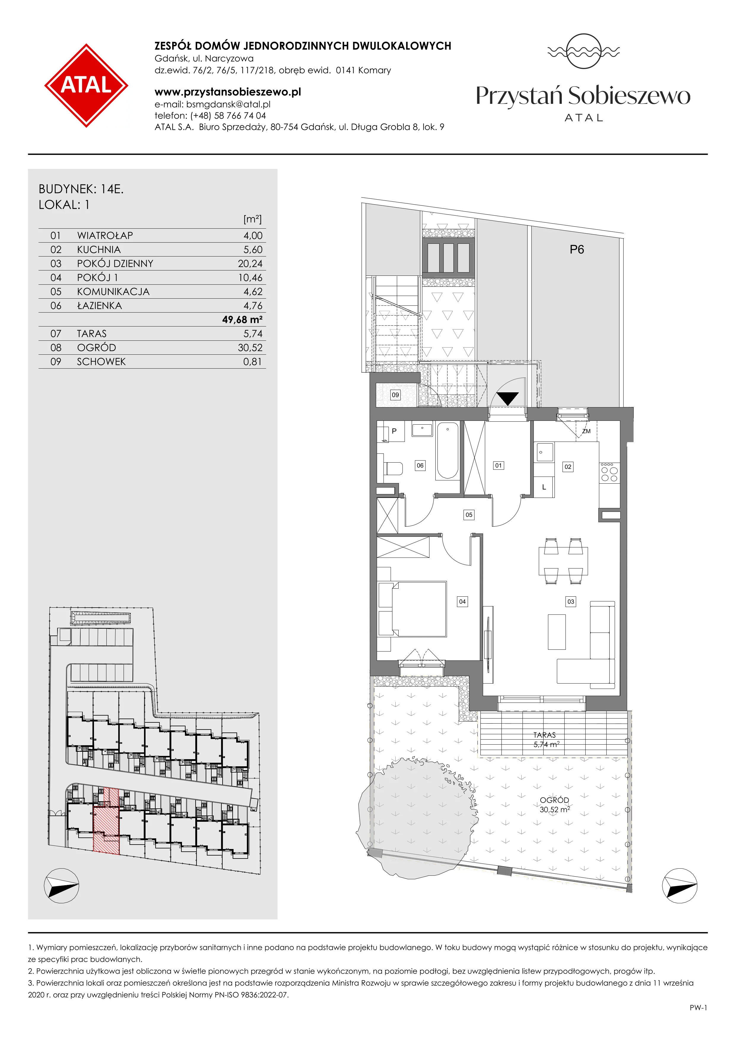 2 pokoje, mieszkanie 49,72 m², parter, oferta nr 14E.1, Przystań Sobieszewo, Gdańsk, Wyspa Sobieszewska, ul. Narcyzowa