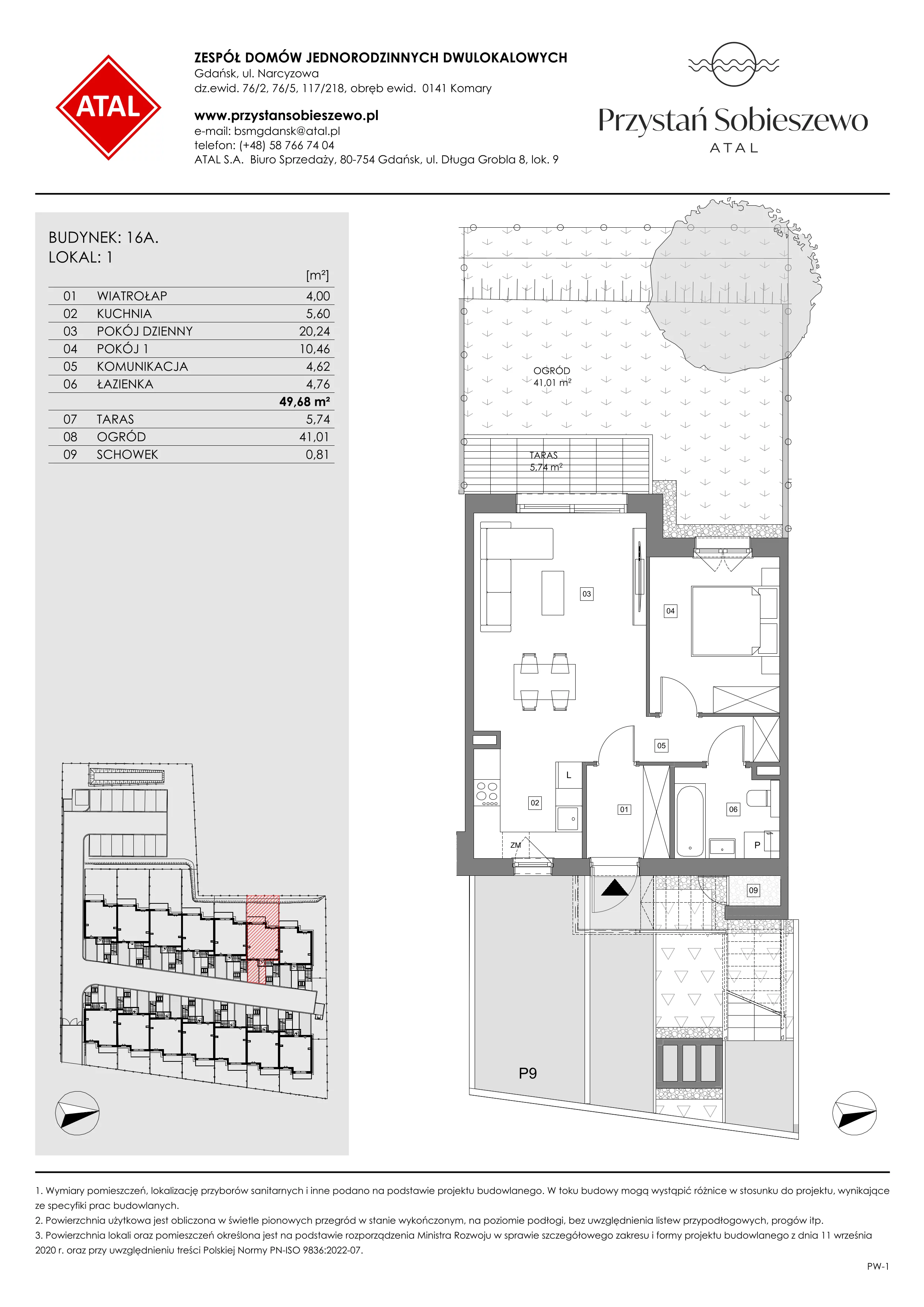 2 pokoje, mieszkanie 49,72 m², parter, oferta nr 16A.1, Przystań Sobieszewo, Gdańsk, Wyspa Sobieszewska, ul. Narcyzowa